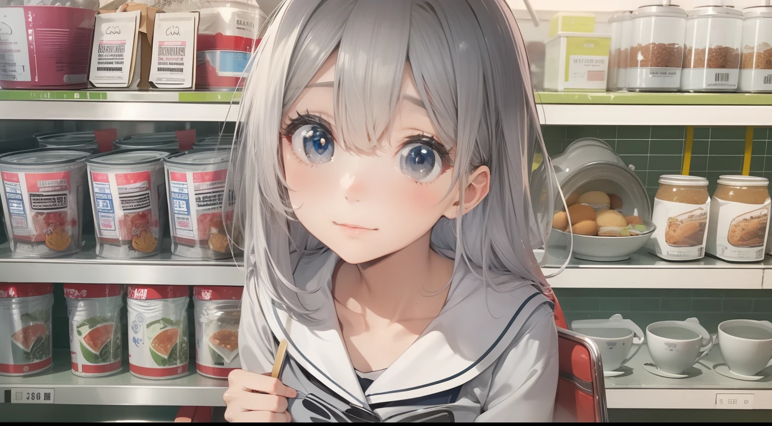 masterpiece, High resolution, 最high quality, High detail, high quality, Very detailed, Anatomically correct, 17 years old, Anime Style, Bob Hair, Silver Hair, Shiny Hair, bang between eyes, Sparkling eyes, Silver Eyes, Eyes closed, Mouth open, Deformed cheek blush, happiness/joy, Blur, high school ,Lunch break, In a well-lit classroom, Desk and chair, Sitting in a chair, There is a small lunch box on the desk., The lunch box contains rice, three small sausages, and one rolled egg., There is a small water bottle on the desk., Holding chopsticks in your right hand, Holding a single sausage between chopsticks, Trying to eat a wiener held between chopsticks