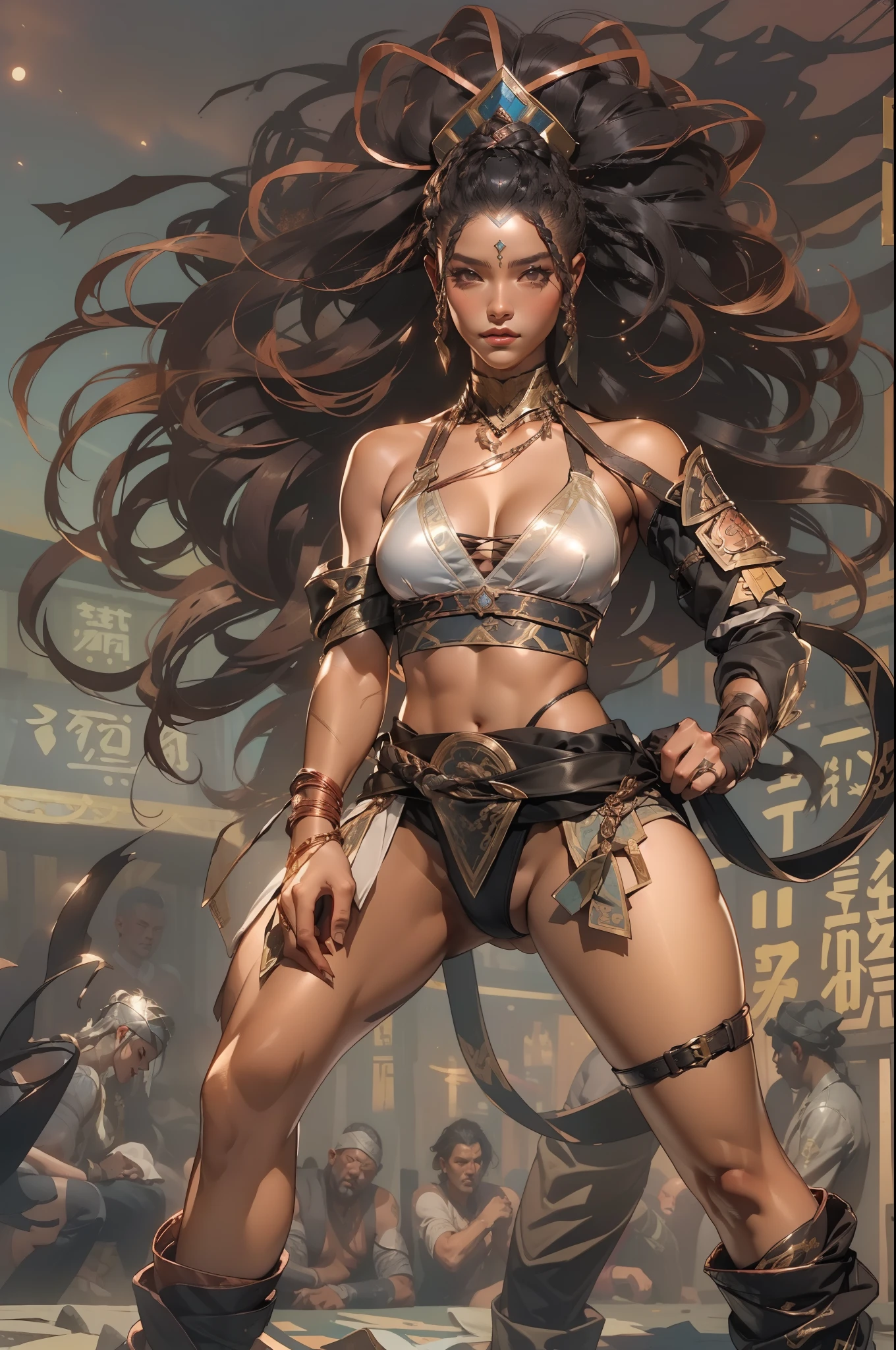 (((mulher))), (((melhor qualidade))), (((obra prima))), (((adulto))), Uma mulher gladiadora loira, of 30 years with an athletic body, Chinesa, capuz, (((sozinho))), (((1girl))) , Gladiadores do Brooklyn, quase nua no estilo selvagem urbano de Simon Bisley para a capa da revista Heavy Metal, cabelos moicanos, pose sensual, tiny leather panties, , Minimum clothing, wavy pattern with black Chinese characters and copper, armadura, cheio de pontas e estrelas, (((do joelho pra cima))), mohawk hair with small braids