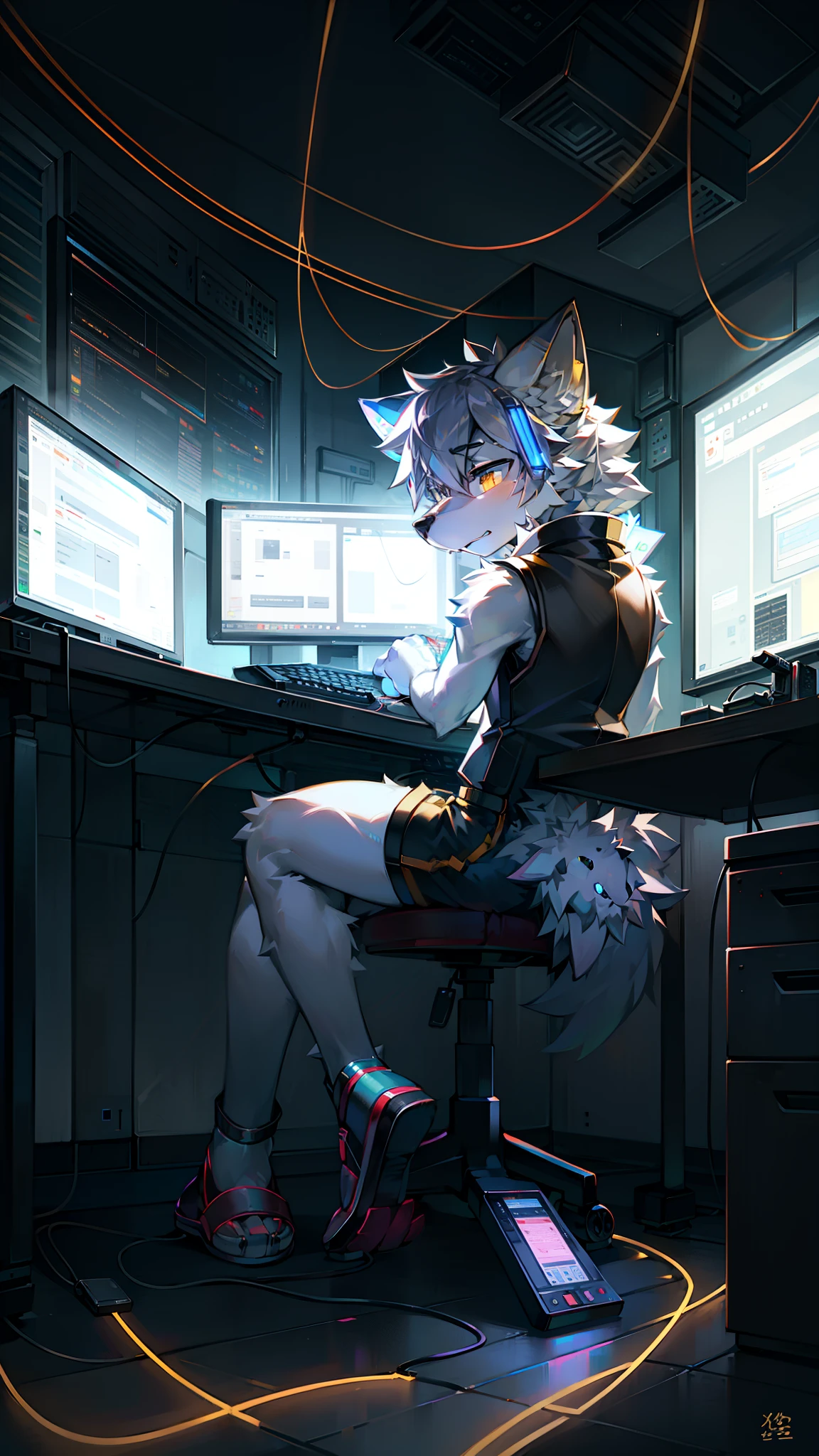 Golden hi-fi mechanical wolf,Wear white vest,Black shorts,slippers。electrical wires,Electric currents,Computer,sat on the ground