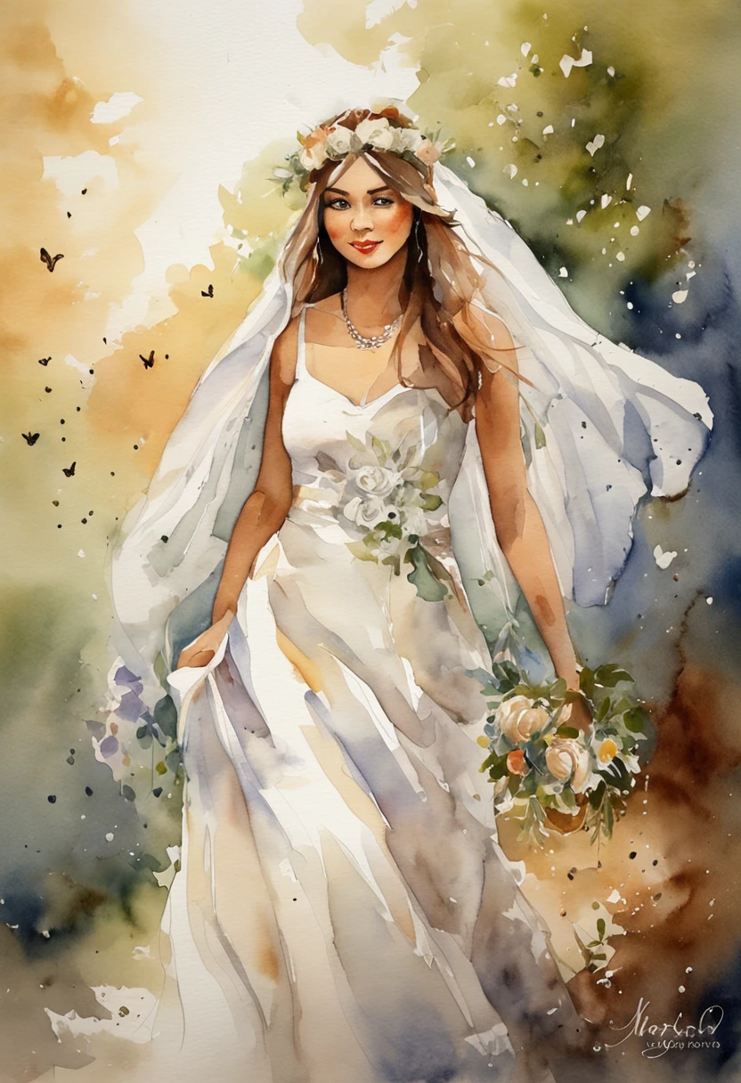 Young girl about 25 years old leaving a church dressed as a bride. Muchas mariposas volando a su alrededor