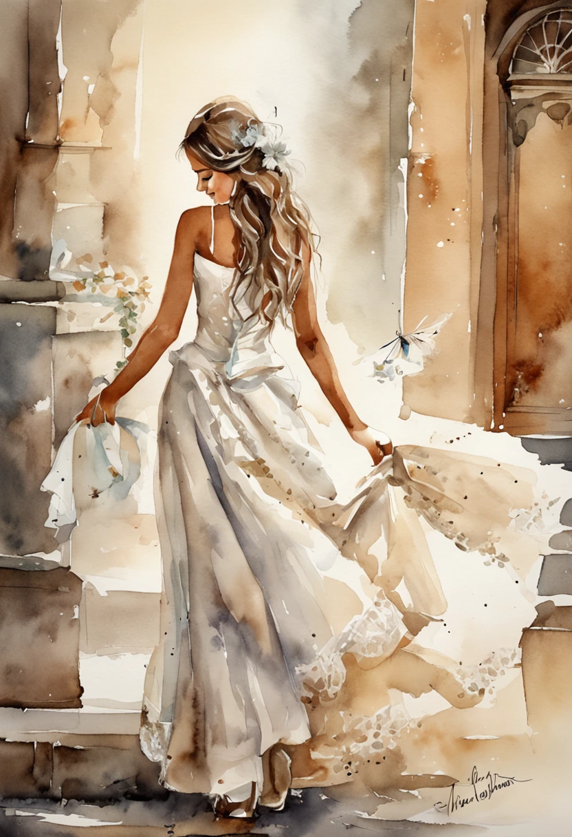 Young girl about 25 years old leaving a church dressed as a bride. Muchas mariposas volando a su alrededor