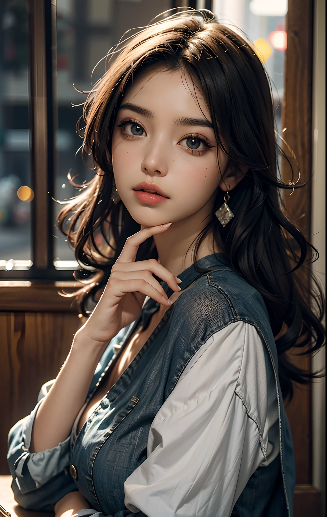 (((HD photo))), ultra high res.photorealistic:. 1.4, UHD, masterpiece, trending on artstation, portrait, upper body shot, 1girl, fashion photography, pretty, cute face, ((detailed face, detailed eyes)) most beautiful in the world, soft, delicate, (long red hair), large sagging breasts, slim waist, (wearing ski jacket, jeans, hires textures, intricate details), sunkissed, San Francisco city