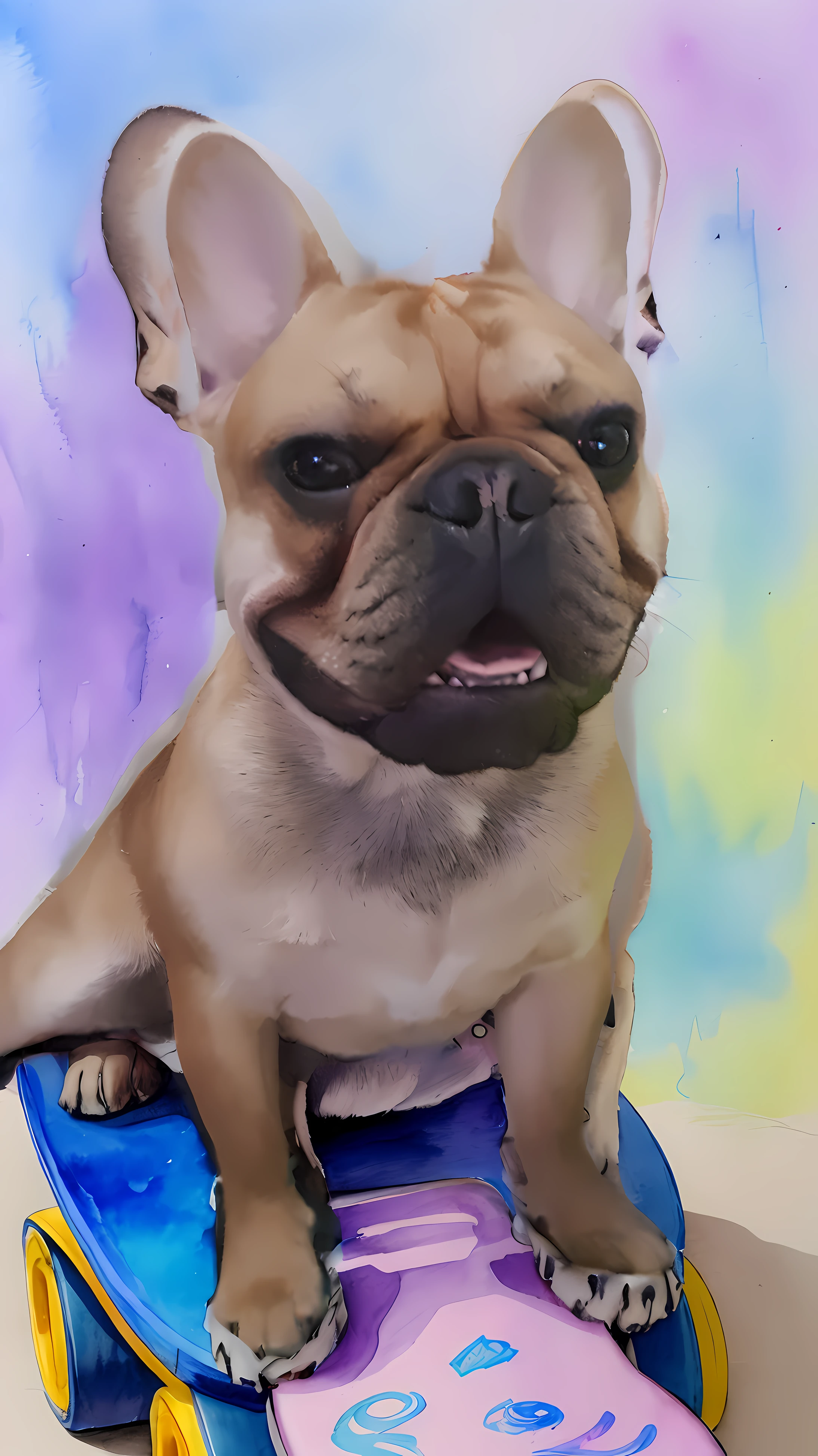 Drawing of French bulldog sitting on a neon blue skateboard with a purple watercolor background