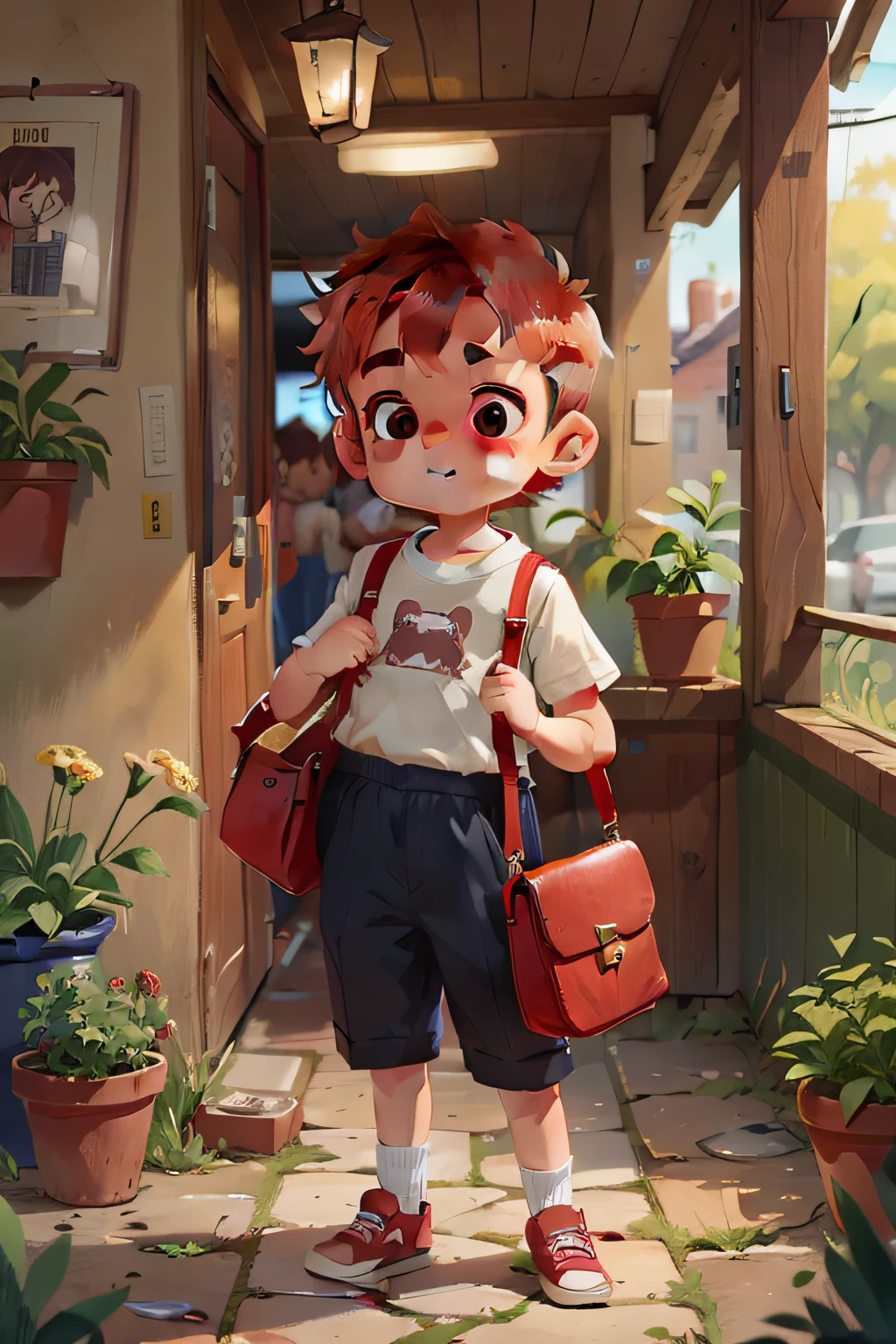 a cute boy, 8 years t red hair, holding a purse