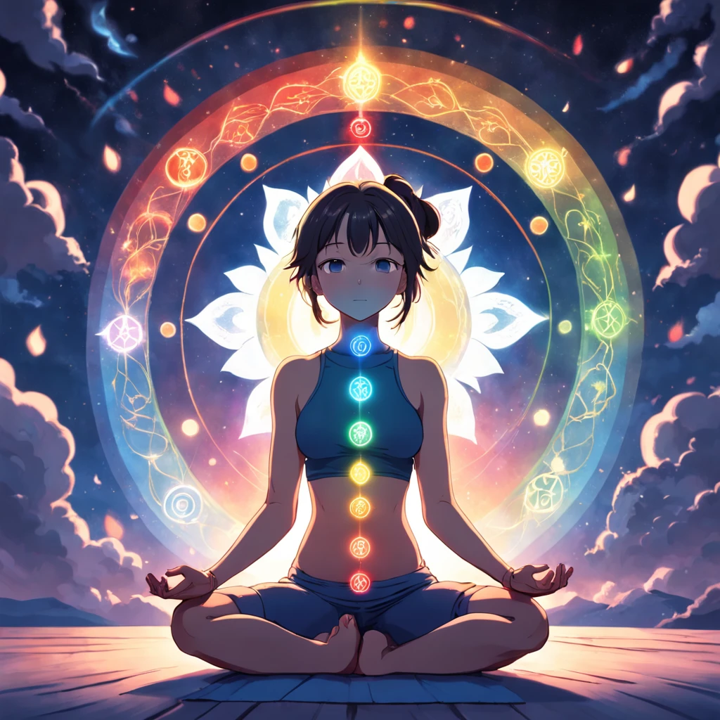 Yoga position light spectrum with the seven chakras around, vibrante colors
