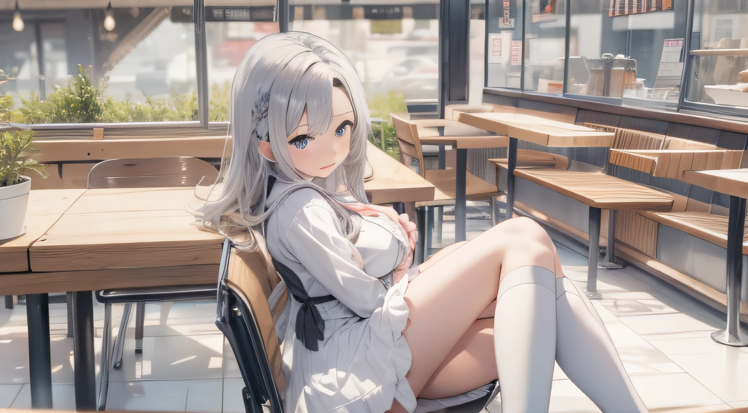 Ordinary silver high school girl who came to go shopping Large breasts Sitting in a café