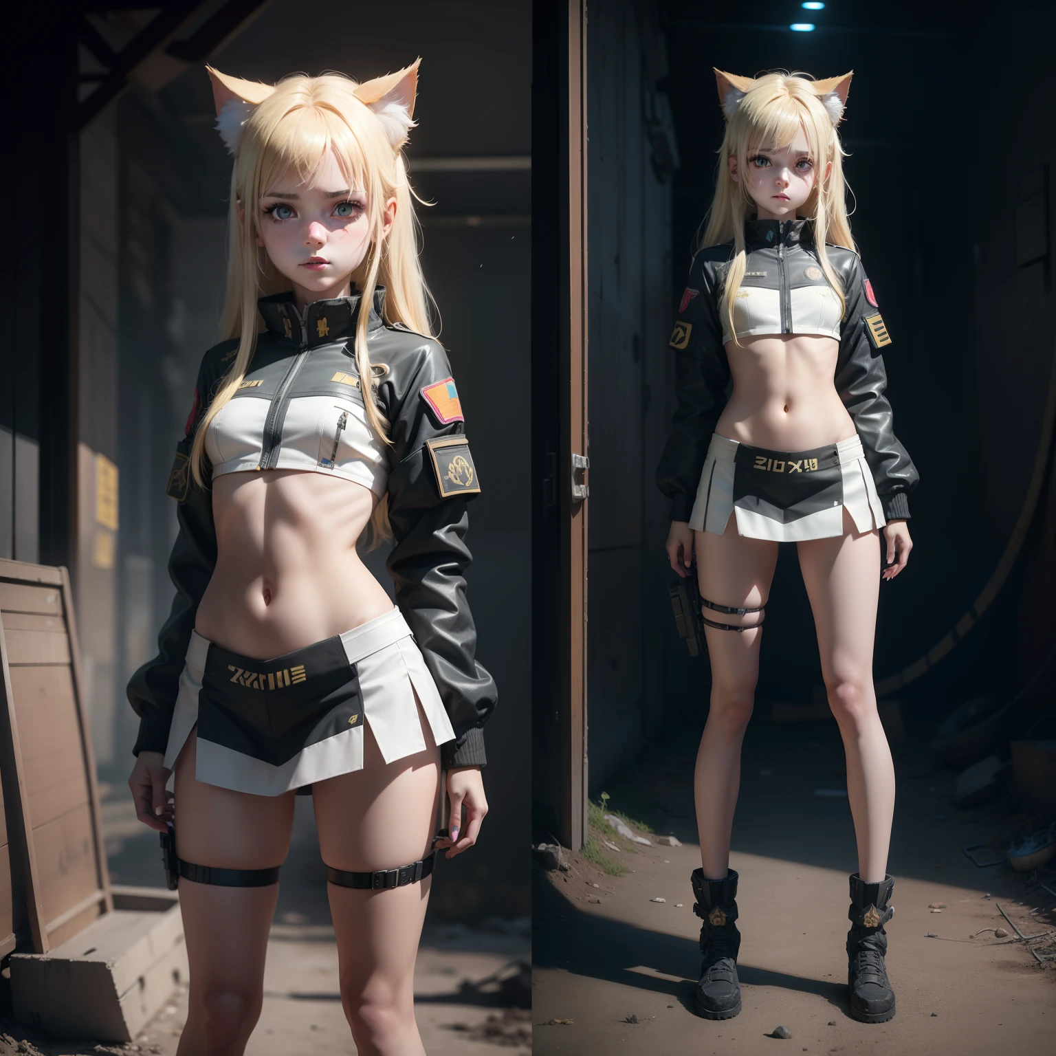 ukrainian girl , Ukrainian anime girls , 。.3D , Ukraine , Full body composition of young girl with messy bright blonde hair, eye make up, 11 year old, Cat ears, Soft lighting, Solo, Old torn dirty shabby futuristic military uniform, Cat Paw Badge, Pose, Blotted colors, Octane Render, Hyperrealistic intricate detail, Cinematic, 8K resolution, 70mm, Accent Lighting, Global Illumination, Full body portrait, clean detailed faces, intricate clothing, Cute face, flat chest, Slim waist, Slim legs, small hips