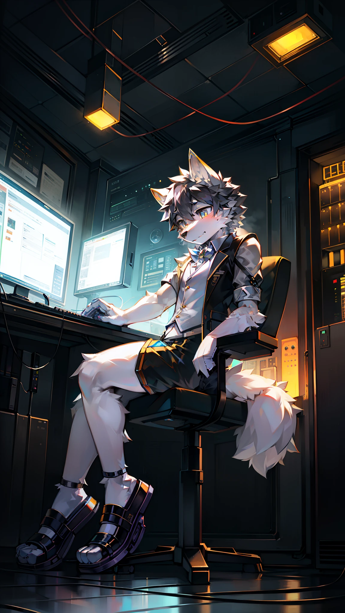 Golden hi-fi mechanical wolf，Wear white vest，Black  shorts，slippers。electrical wires，Electric currents，Computer，sat on the ground