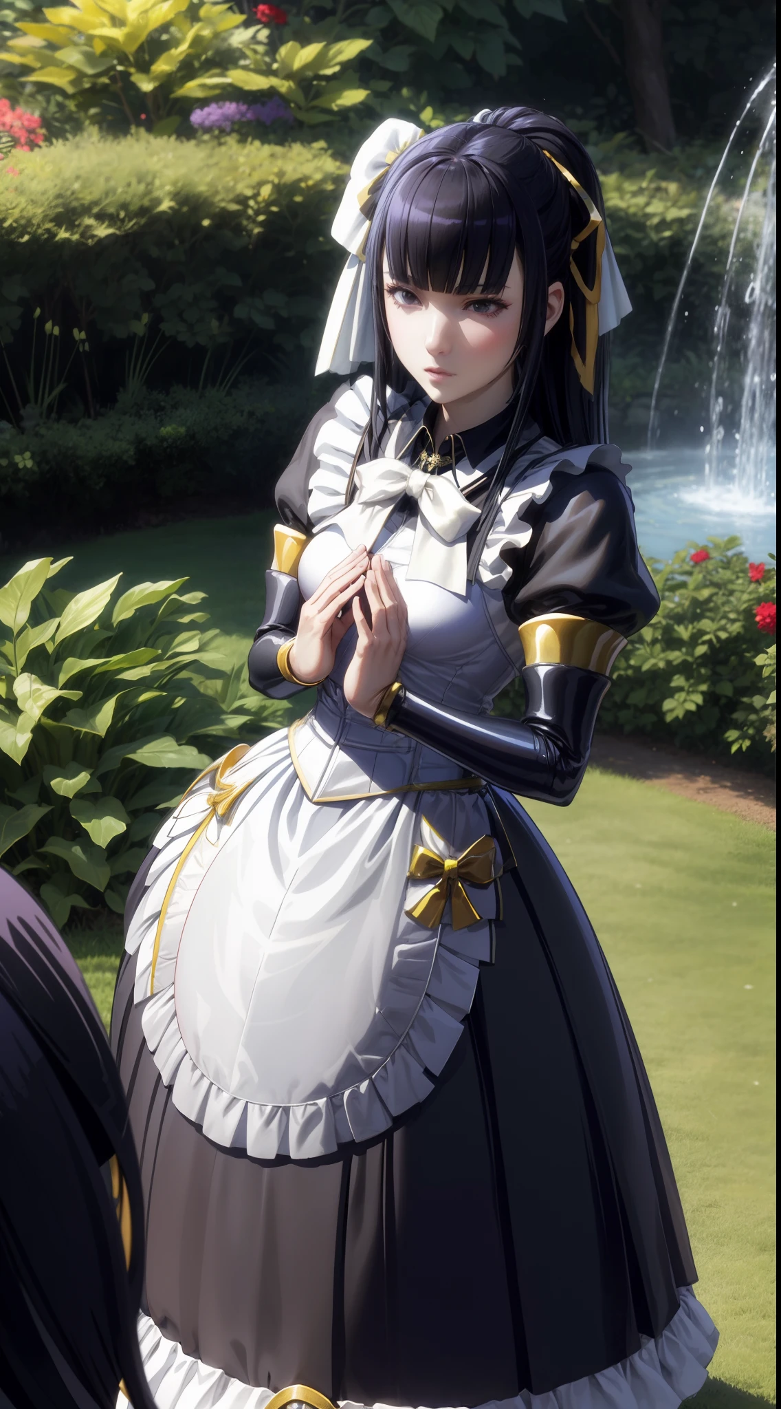 realistic, 1girl, long black hair, black eyes, battle maid outfit, garden background, hair ornament, perfect limbs, perfect hands, perfect fingers