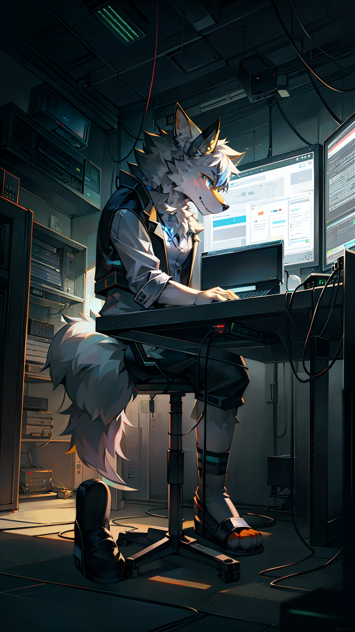 Golden hi-fi mechanical wolf,Wear white vest,Black shorts,slippers。electrical wires,Electric currents,Computer,sat on the ground