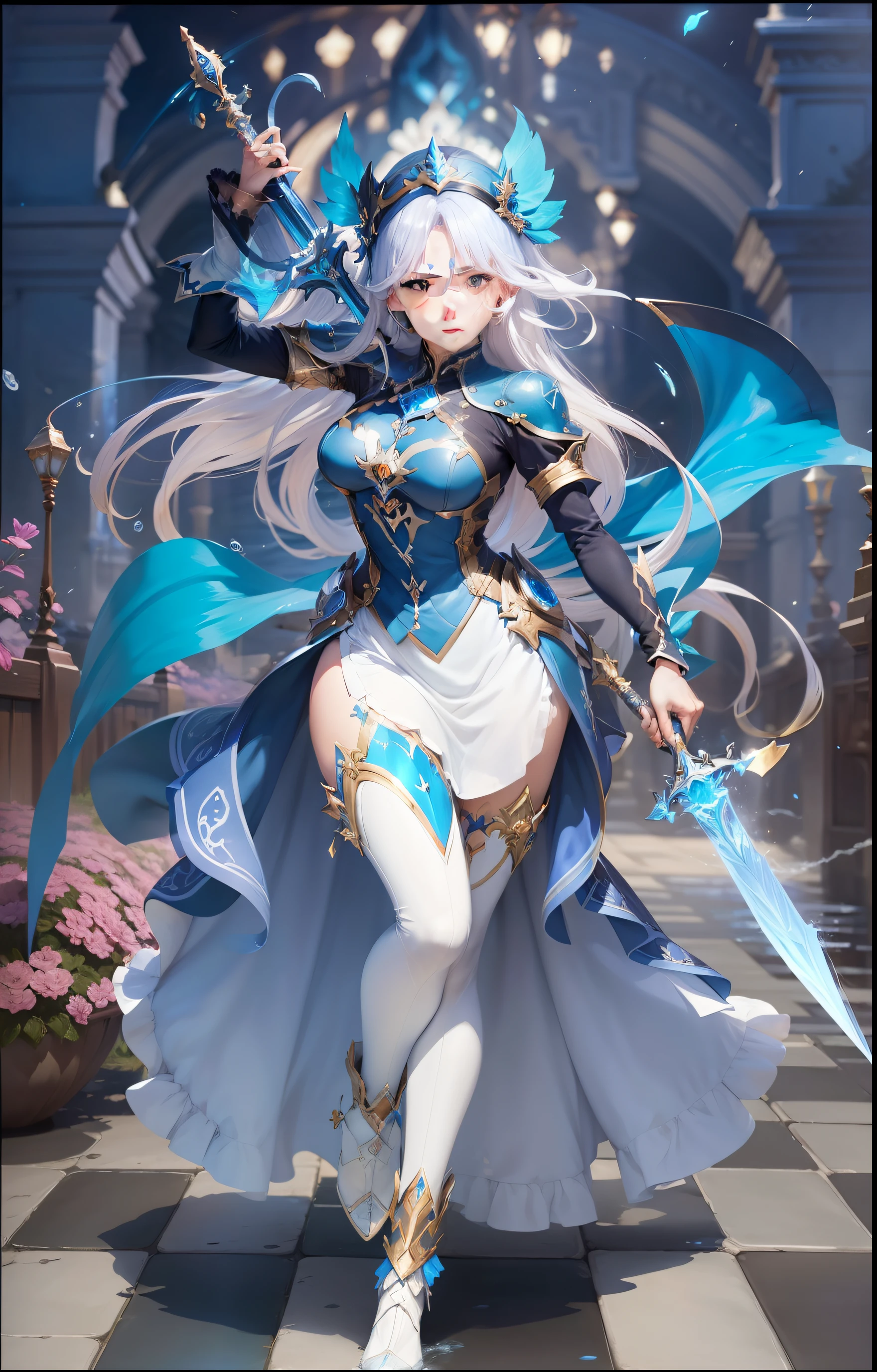 Anime - style image of a woman dressed in a blue and white outfit holding a water sword, cushart krenz arte chave feminina, Artgerm extremamente detalhado, KDA, Estilo Ivan Talavera e Artgerm, arte oficial altamente detalhada, granblue fantasia, Arte Zerochan, mago negro, por Kamagurka, Estilo Shadowverse, cinematic lighthing, 4k realista, Water cover, uma flor azul no cabelo