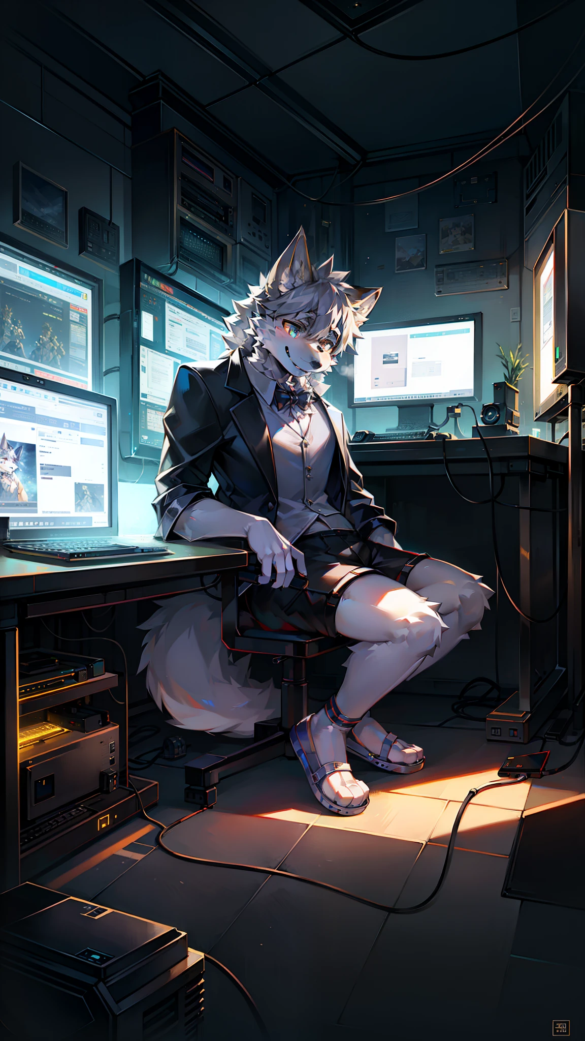 Golden hi-fi mechanical wolf,Wear white vest,Black shorts,slippers。electrical wires,Electric currents,Computer,sat on the ground