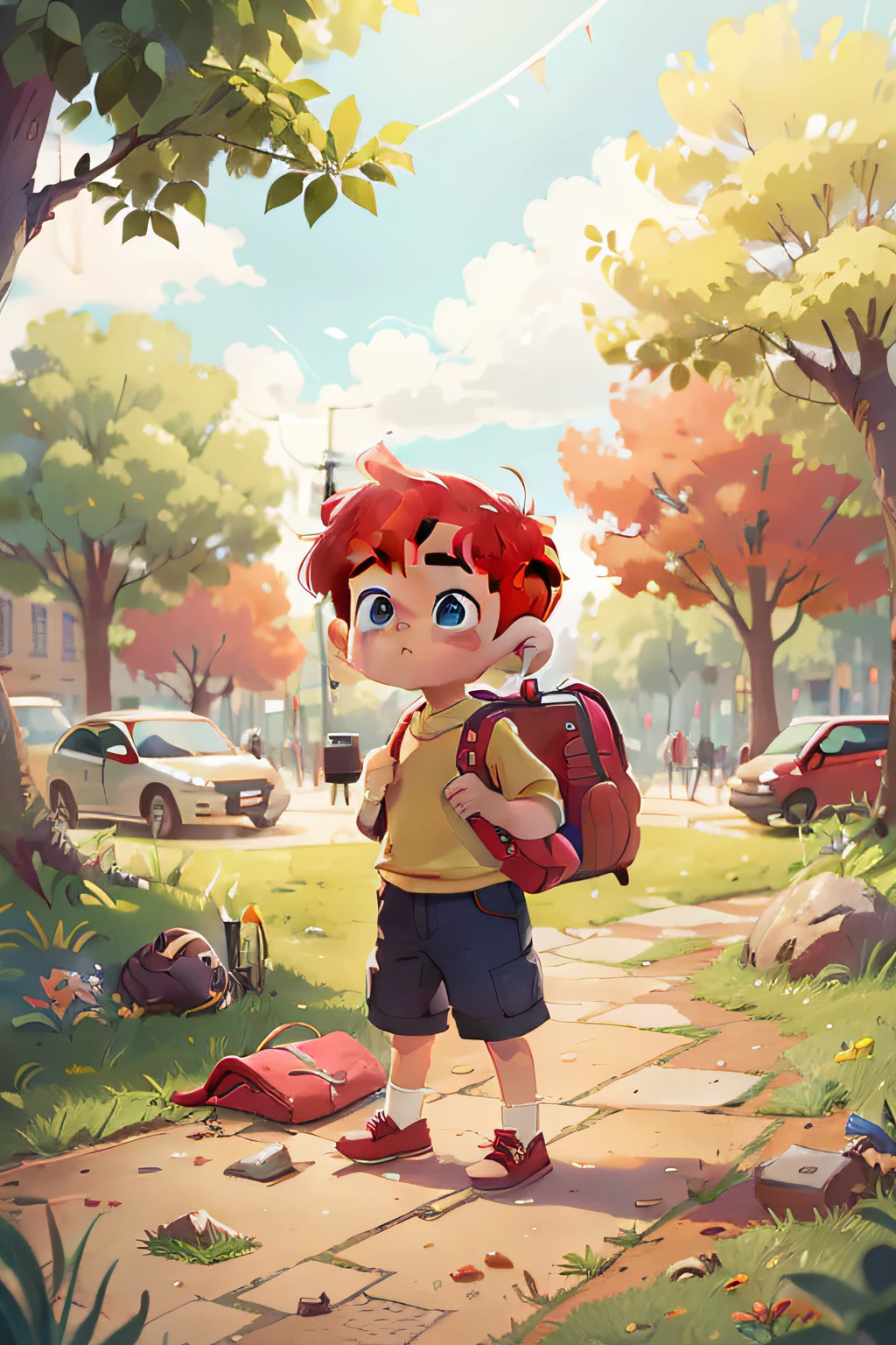 Cute little boy, 8 years old, short red hair, finding a girl's bag on the ground in the park
