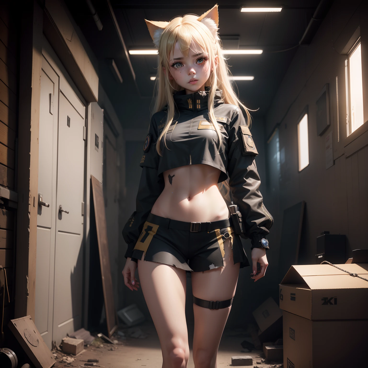 ukrainian girl , Ukrainian anime girls , 。.3D , Ukraine , Full body composition of young girl with messy bright blonde hair, eye make up, 11 year old, Cat ears, Soft lighting, Solo, Old torn dirty shabby futuristic military uniform, Cat Paw Badge, Pose, Blotted colors, Octane Render, Hyperrealistic intricate detail, Cinematic, 8K resolution, 70mm, Accent Lighting, Global Illumination, Full body portrait, clean detailed faces, intricate clothing, Cute face, flat chest, Slim waist, Slim legs, small hips