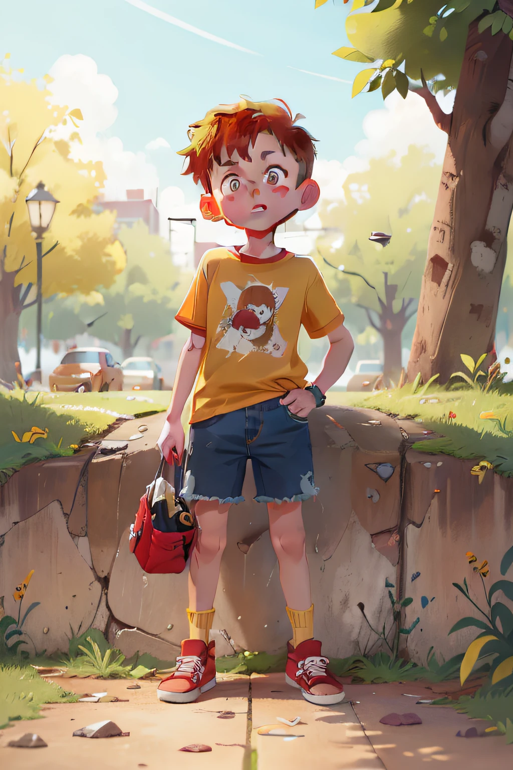 Cute little boy, 8 years old, short red hair, yellow tshirt, jeans shorts, red shoes, looking suspicious at the park