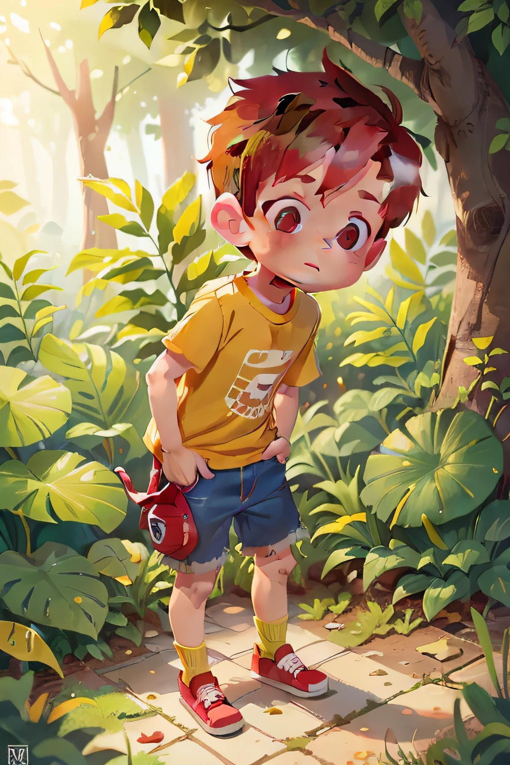 Cute little boy, 8 years old, short red hair, yellow tshirt, jeans shorts, red shoes, hiding something in the bushes