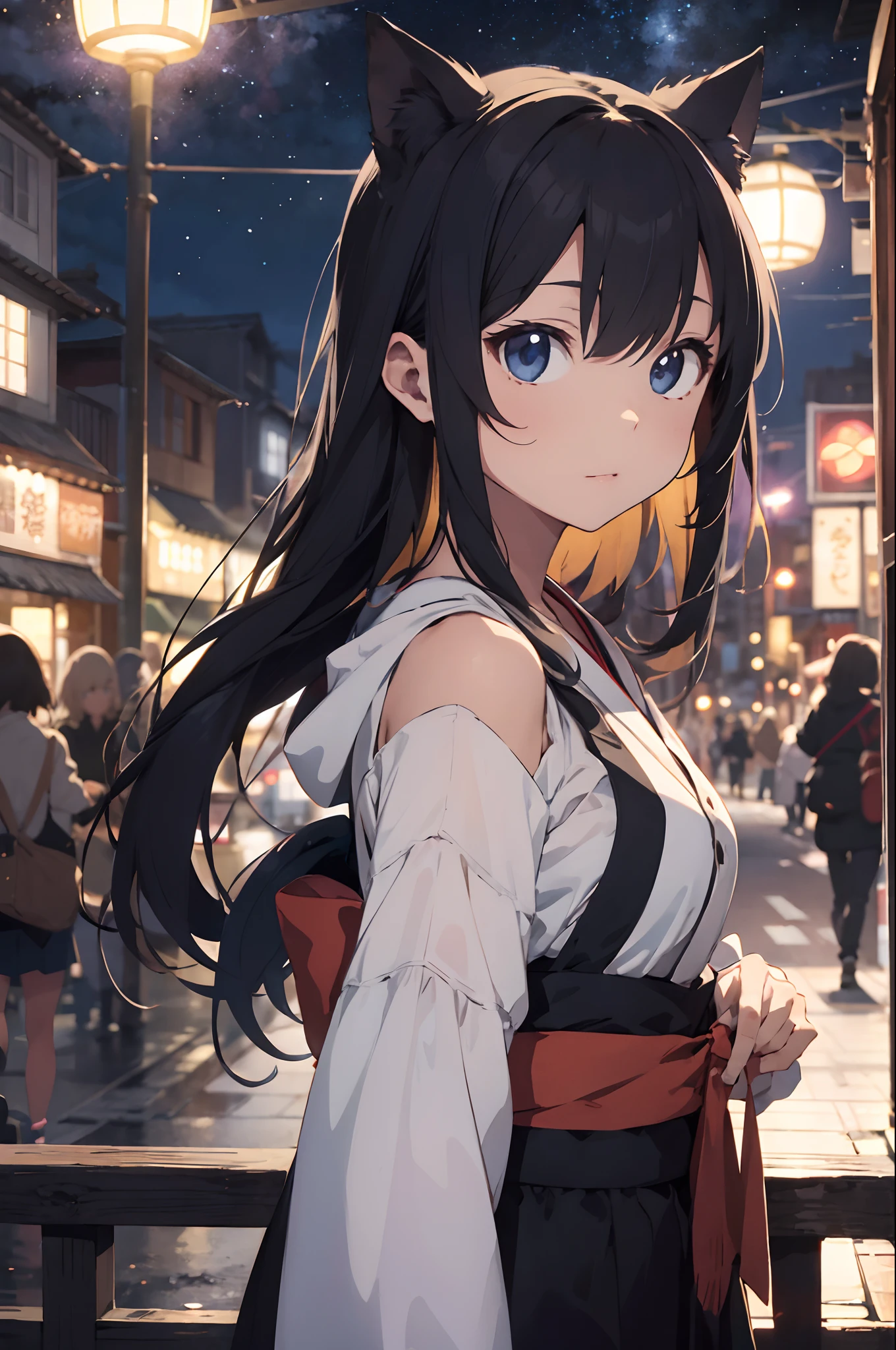 Anime cat ear girl in kimono clothes with cat ears, shoulder looking, anime drawing by Yang J, pixiv contest winner, serial art, digital anime illustration, kawashi, anime style illustration, anime style 4K, beautiful anime portrait, anime style portrait, anime style artwork, Guweiz style artwork, Anime Illustration, Digital Anime Art, Detailed Digital Anime Art, Beautiful Starry Sky, Fireworks