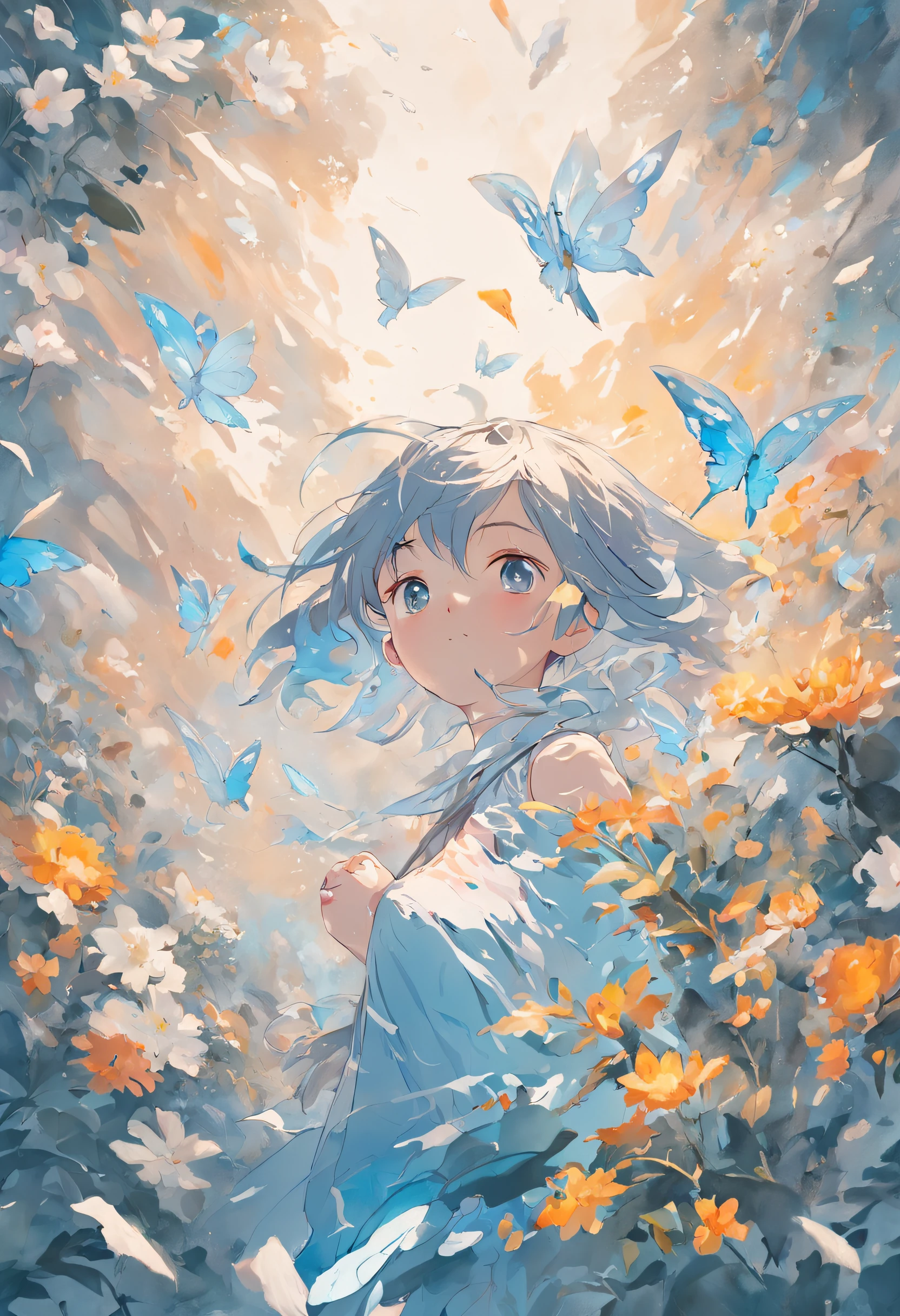 Blooming flowers flutter in the wind,Girl in flowers,Light blue and silver design,Pay attention to the texture of the skin and flowers,Sony FE 12-24mm F/2.8 gm,Impressionist garden,Proficient in calligraphy,eco-friendly craftsmanship,Brush stroke exploration
