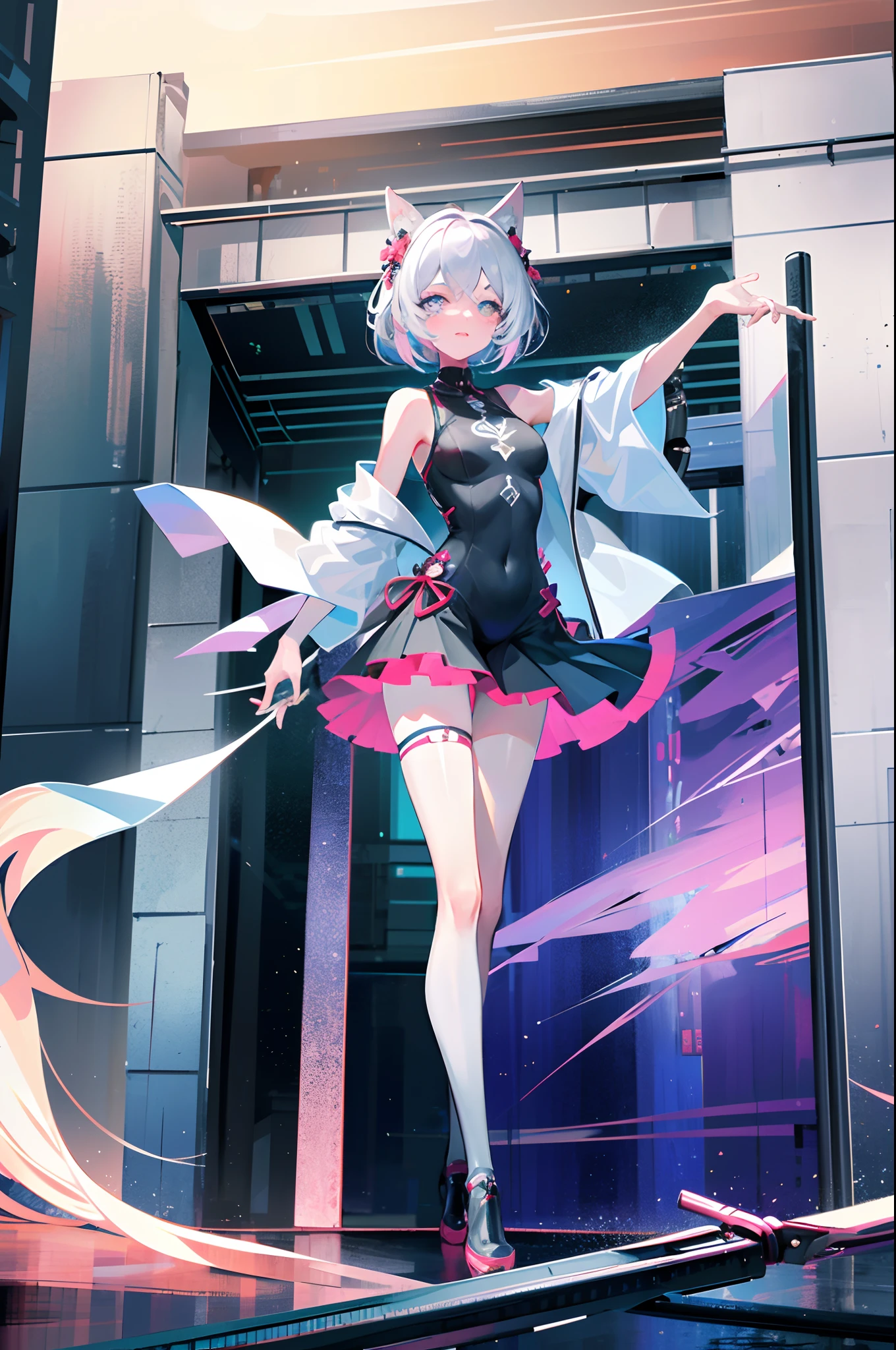 (Masterpiece, Highest quality: 1.3), (16k, high resolution: 1.3), Beautiful age girl, Mechanical body, Transparent skin, Cinematic light, with light glowing, Very cute and beautiful Korean woman idol, full bodyesbian, staring at the audience, Firm and dignified eyes,