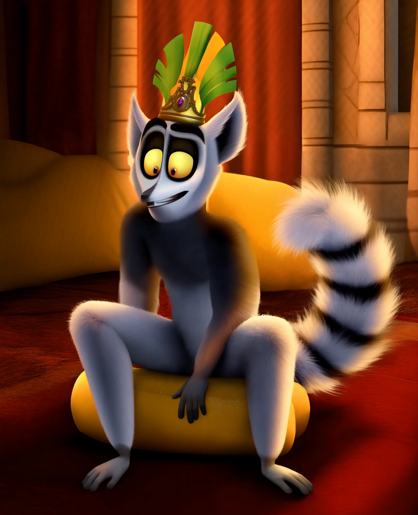 1boy, male furry, solo, masculine, King Julien, Ring Tailed Lemur, lemur tail, crown, yellow sclera, 
BREAK 
(masterpiece, highly detailed, intricate:1.1),