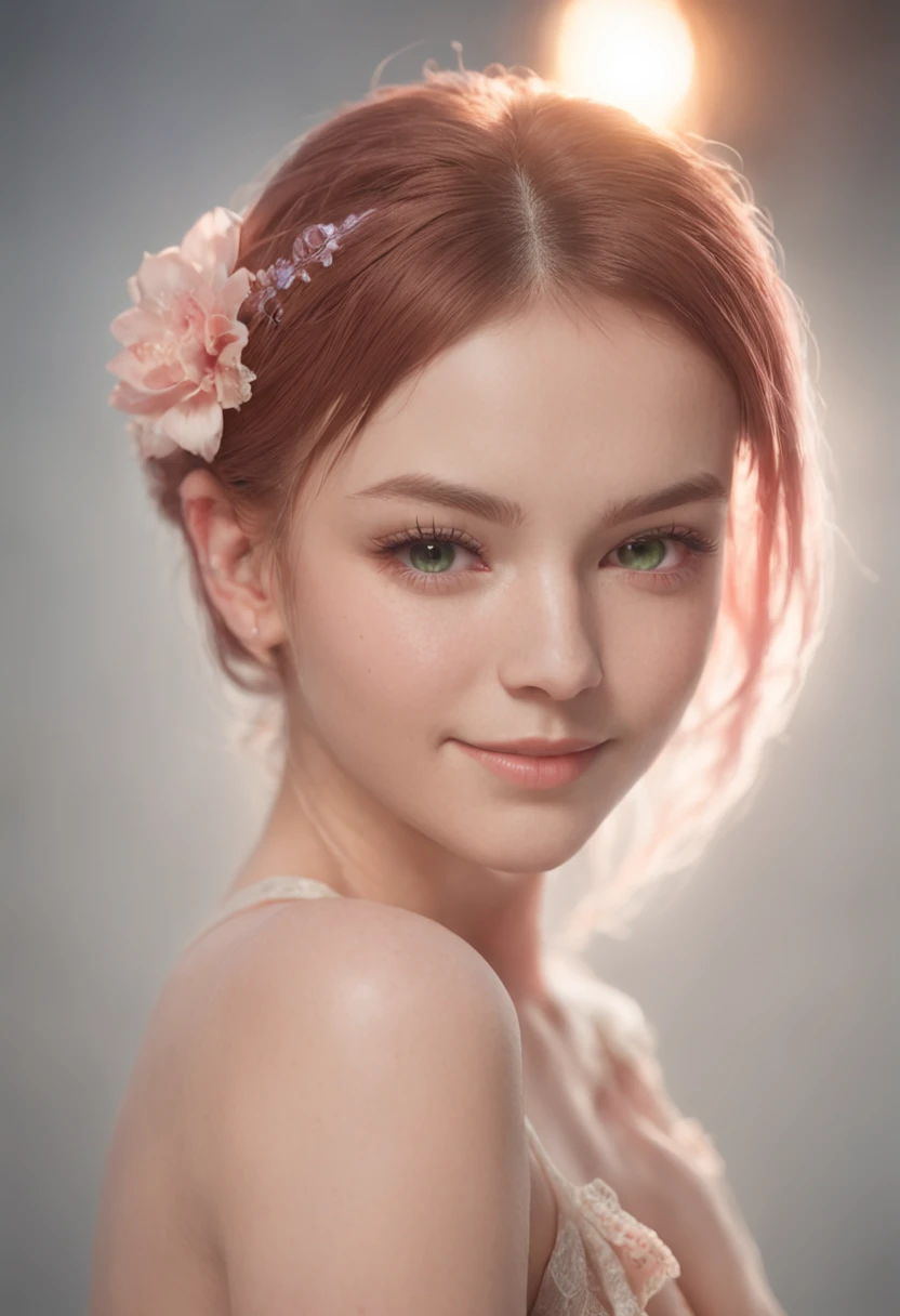 night scene, close up photo of a sexy naked girl, posing, look at a camera and smile, pink ponytail hair, (green eyes:0.8), cute young face, 18 yo, soft volumetric lights, (backlit:1.3), (cinematic:1.3), intricate details, (ArtStation:1.2)