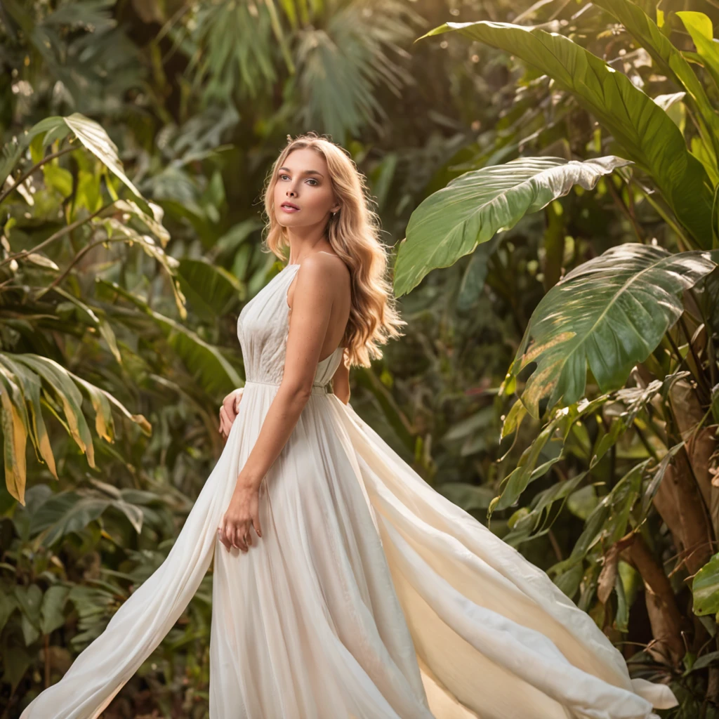 A beautiful blonde Italian woman in a flowing white dress, gracefully standing amidst the vibrant foliage of a tropical jungle as the golden rays of the sunset illuminate her surroundings.