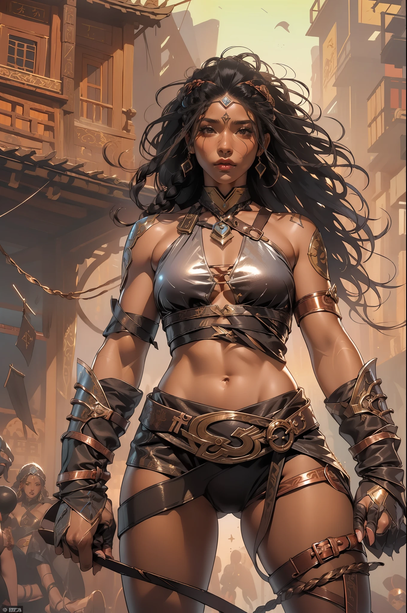 (((mulher))), (((melhor qualidade))), (((obra prima))), (((adulto))), A 30-year-old gladiator woman with an athletic body, chinesa, capuz, (((sozinho))), (((1girl))) , Gladiadores do Brooklyn, quase nua no estilo selvagem urbano de Simon Bisley para a capa da revista Heavy Metal, cabelos moicanos, pose sensual, tiny leather panties, , Minimum clothing, wavy pattern with black Chinese characters and copper, armadura, cheio de pontas e estrelas, (((do joelho pra cima))), mohawk hair with small braids