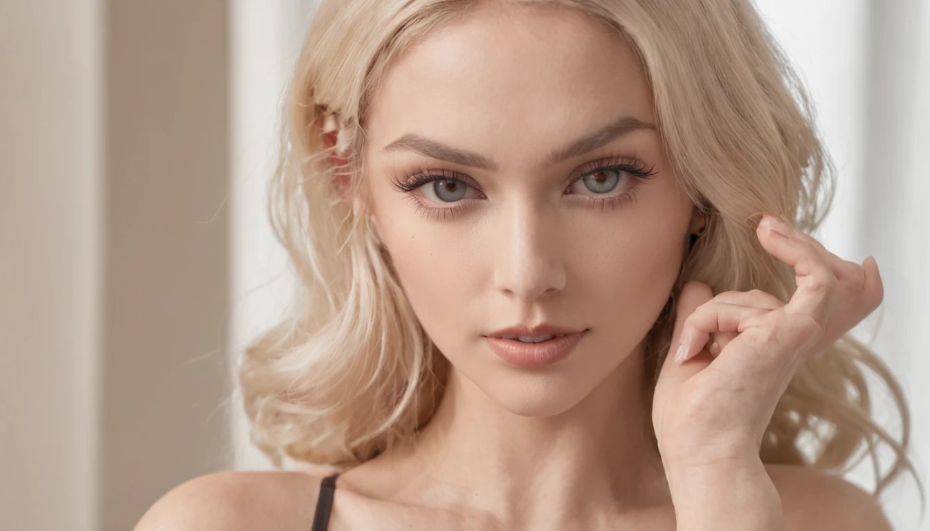 a stuning blonde model in a bathroom, wearing a super sexy lingerie, see through lingerie, bodychain, bdsm, nsfw, perfect anatomy, perfect face, perfect hand