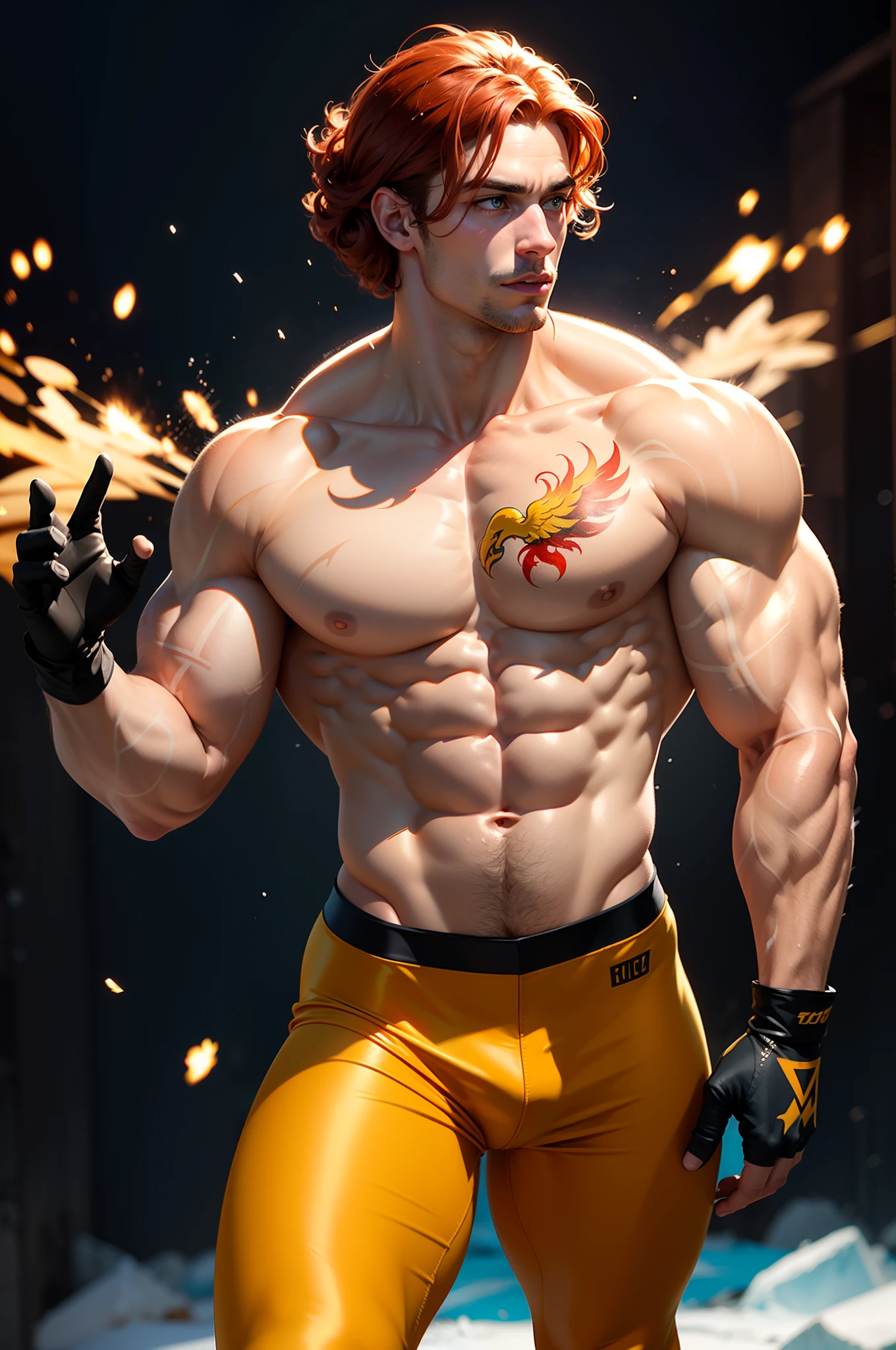 super-hero, muscular man, 25-year old, curly red hair, blue eyes, red and yellow tights, shirtless, with phoenix tattoo on back, black fingerless gloves, ice bursting from his hands, surrounded by ice, photorealistic, particle effects, raytracing, depth of field,