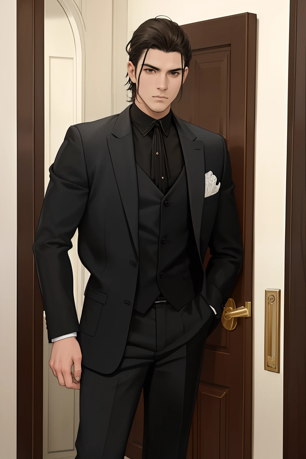 NSFW, obra-prima, melhor qualidade, ultra-detalhado, semi-realista, detailedfacialfeatures, protagonista, 1homem adulto, usando terno escuro, cabelos curtos aparados, cor negro, olhos escuros, manly, goodlooking,alto e forte,distinto senhor altivo,honrado,serious man,Standing imposing facing a door