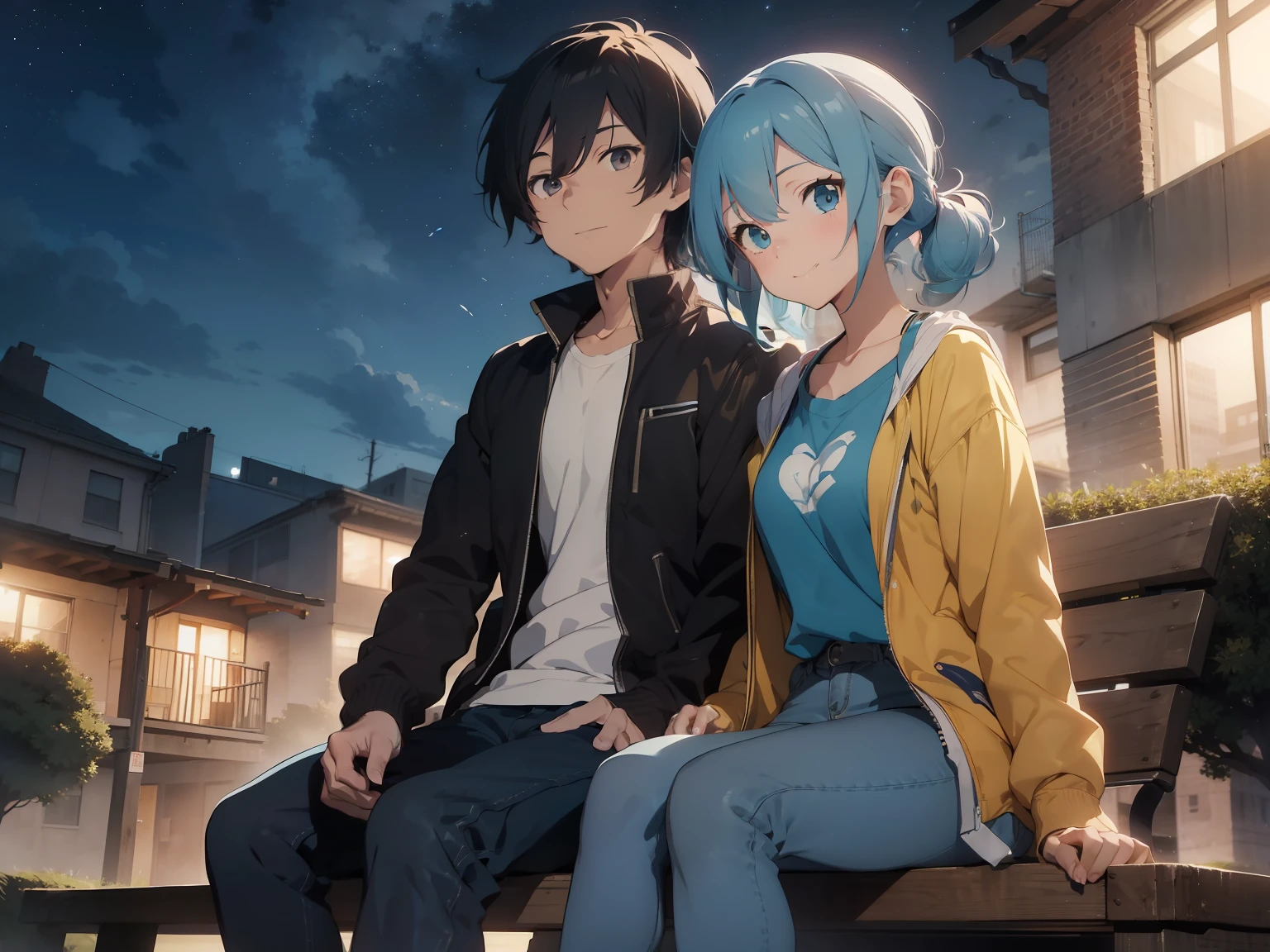 Drawing of a man and a woman, man with blue hair, woman blond, romantic, man in a gray jacket teal undershirt and jeans, woman in a yellow jacket and blue dress, black leggins, anime style character, full body portrait of a short!, anime style”, as an anime character, cel - shaded art style, in the style of akira, single character full body,  cel - shaded art style, anime style character,  couple, romantic, park, grown ups, 18 years old, sitting in bench, park, night, masterpiece,smiling, great angle