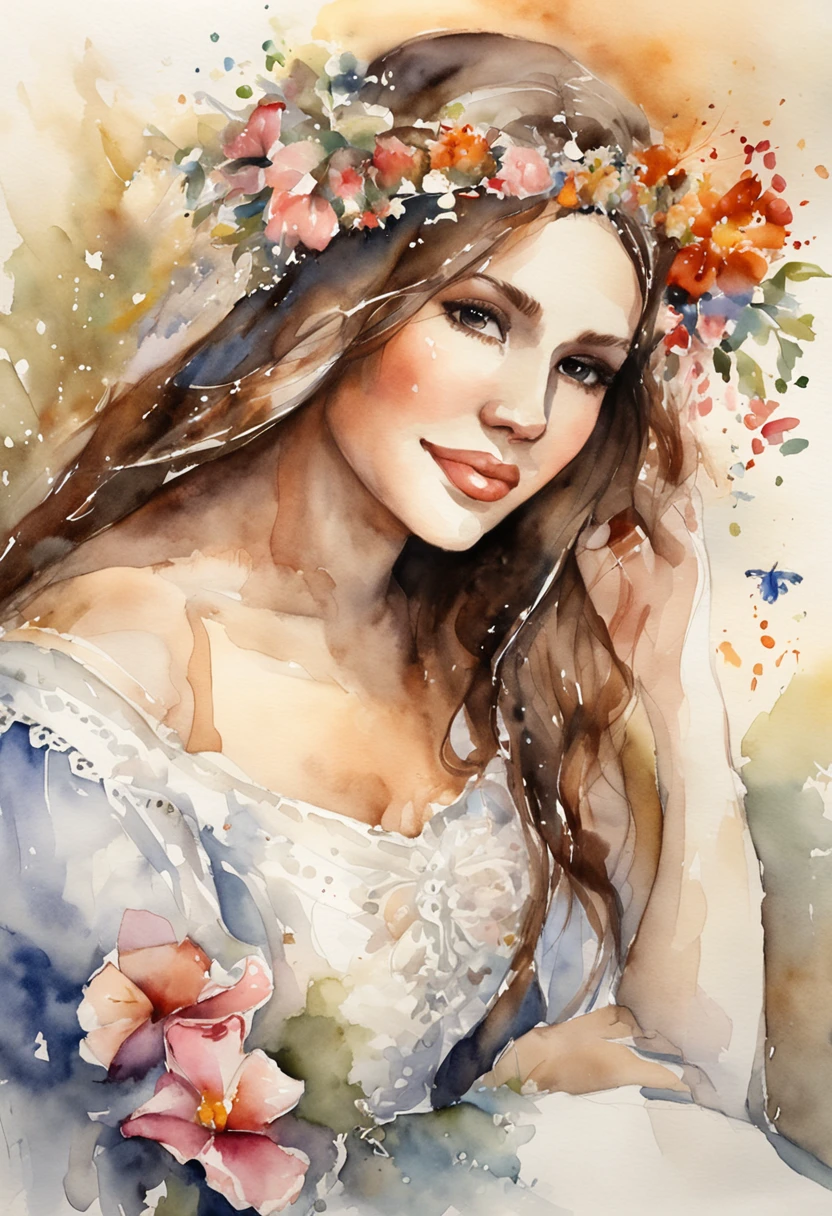 Young girl about 25 years old leaving a church dressed as a bride. Muchas mariposas volando a su alrededor y flores