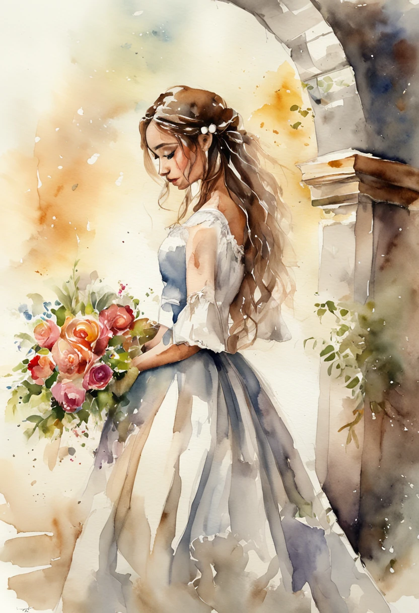 Young girl about 25 years old leaving a church dressed as a bride. Muchas mariposas volando a su alrededor y flores