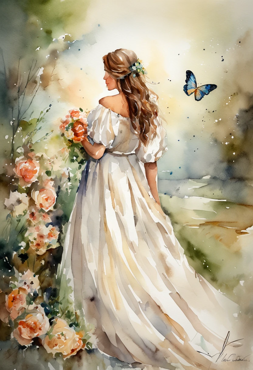 Young girl about 25 years old leaving a church dressed as a bride. Muchas mariposas volando a su alrededor y flores