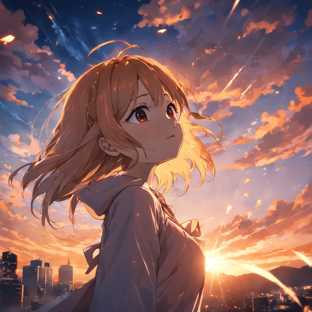 obra-prima, melhor qualidade, filme ainda, 1girl, garota nuvem, floating into the sky, close-up, brilhante, feliz, Soft lighting and Warm, sun sunset, (Sparks: 0,7) Saitama looking at sunset