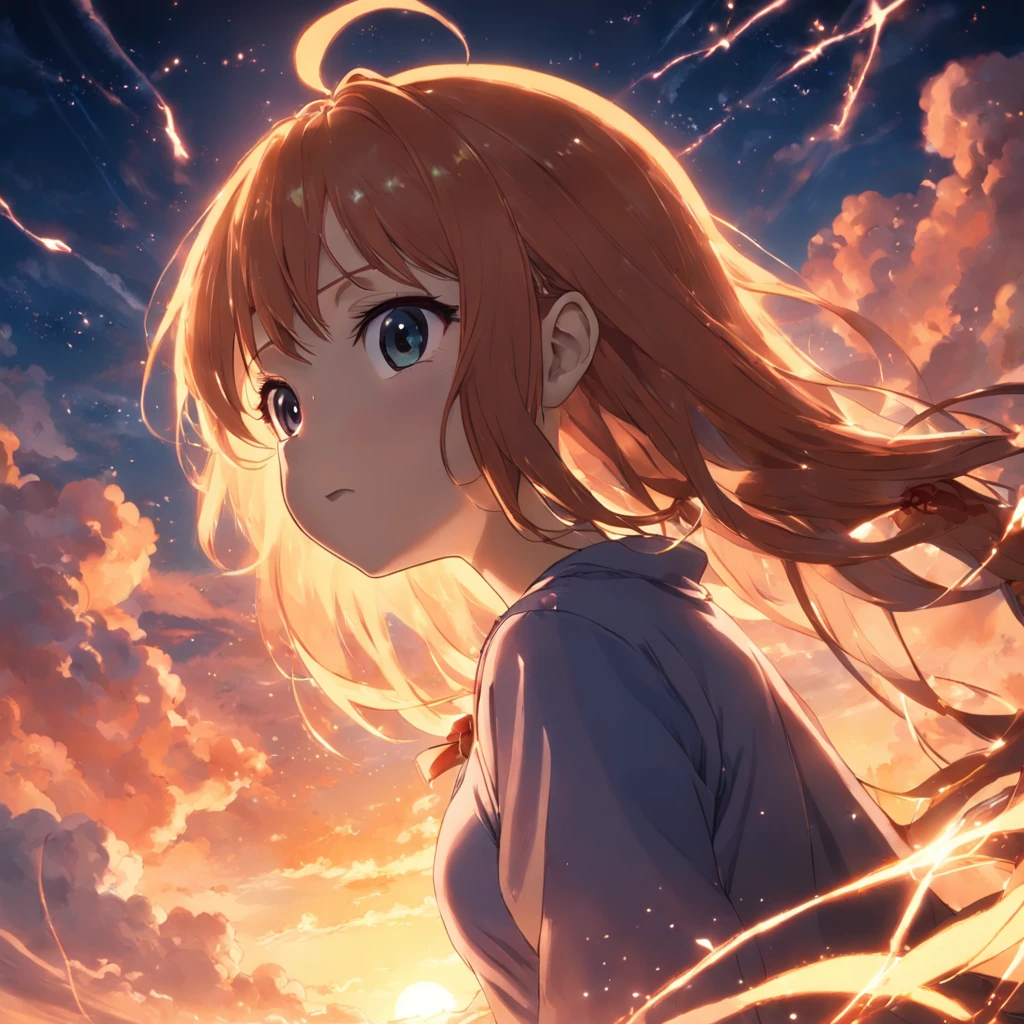 obra-prima, melhor qualidade, filme ainda, 1girl, garota nuvem, floating into the sky, close-up, brilhante, feliz, Soft lighting and Warm, sun sunset, (Sparks: 0,7) Saitama looking at sunset