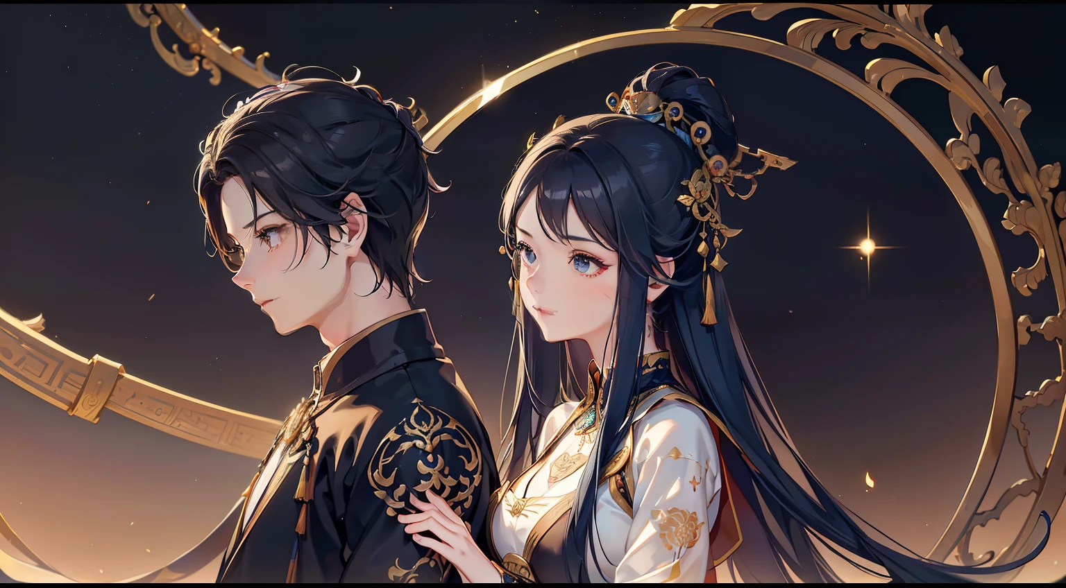 A man and a woman are regarded as ancient style ink pairs, Professional lighting, photon maping, Radio City, Physically-based rendering,, full bodyesbian,absurderes, A high resolution, skylines, The night starry sky is beautiful Magpie Bridge atmosphere, love ancient style