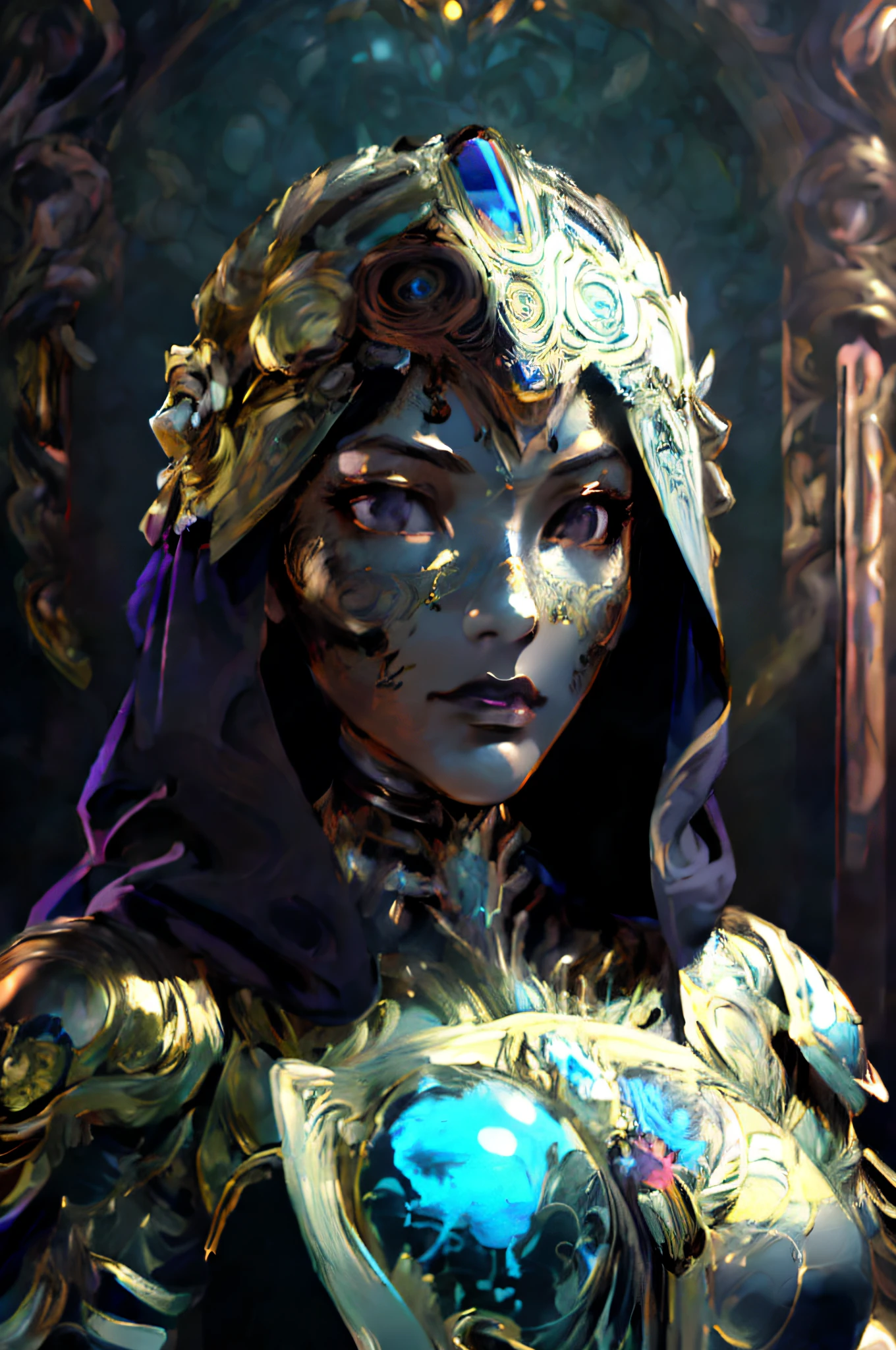 Masterpiece of an assertive, gold female biomechanical robot with a (porcelain renaissance styled cyborg mask), pure full black noir eye, wearing a veil framing face, grotesque, detailed clothing realistic, intricate stained-glass background, holding a book in one hand - high quality, best quality,