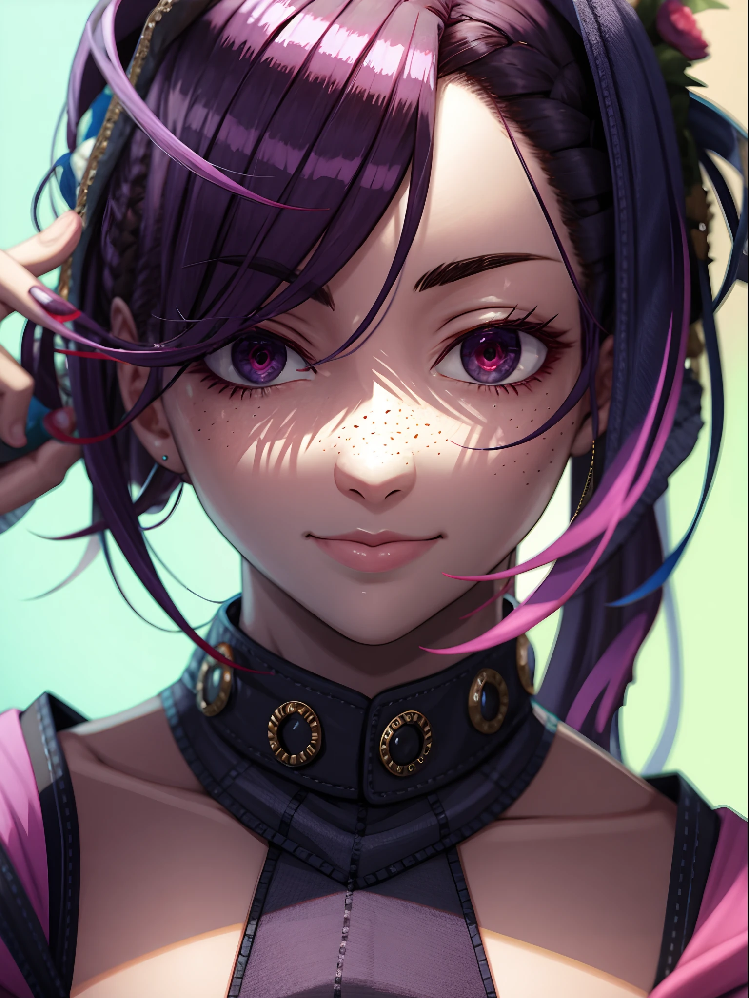 (stunning masterpiece:1.4), (top-tier quality:1.4), (unbelievably high-resolution:1.2), (1 incredibly handsome man), with vibrant purple hair, adorable freckles on his face, and captivating red and green multicolored eyes. He is dressed in a stylish green and purple outfit:1.2).