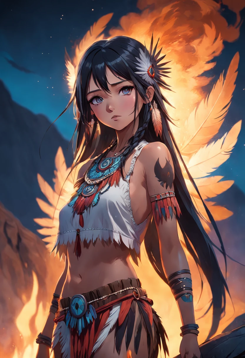 ultra detailed artistic photography, Native American beautiful Apache female, tee pee, moonlight, fire pit, feathers, sexy, dreamy, glowing, backlit, shadows, oil on canvas, smooth, ultra high definition, 8k, ultra sharp focus,  intricate artwork masterpiece, flowy outfit, highly detailed, vibrant, production cinematic character render, ultra high quality model