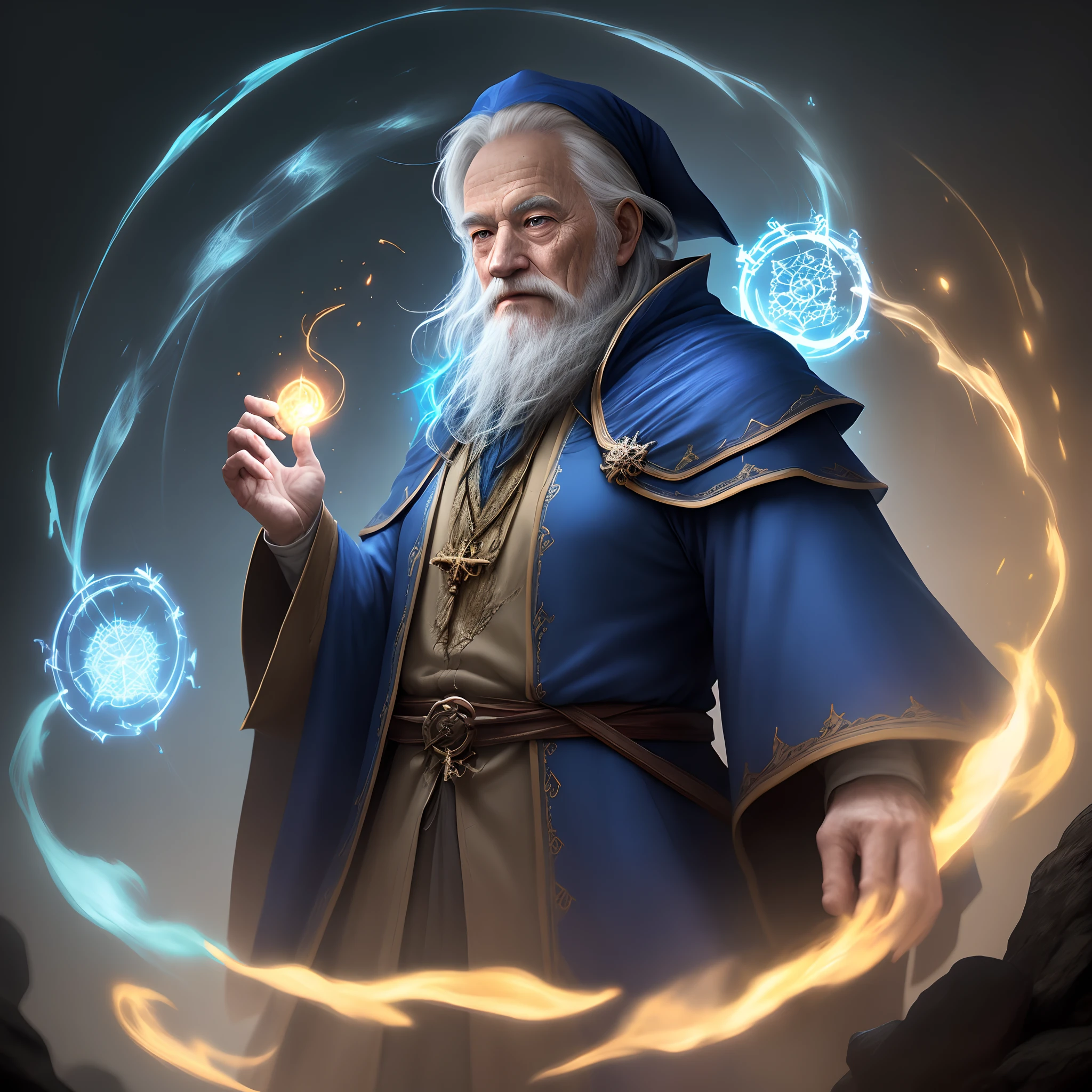 an old wizard doing spells, emphasis on its action, texturas ultra detalhadas, layers of textures faithful to reality, profesional lighting, detalhamento realista cores azul e dourado