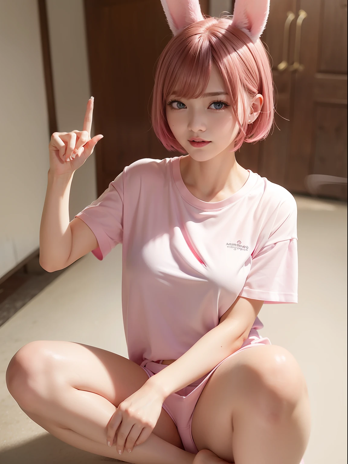 Large T-shirt、Pink shorts、Knee-length T-shirt、Pink T-shirt、Fold your hands behind your back、Pink Shortcut Bob、Realistic rabbit ears、rabbit ears pink hair sticking out of the head,,、Beautiful shaped hands、K-POP、Pink rabbit ears、1 girl in、独奏、​masterpiece、top-quality、realisitic、Hyper-detailing、(Glossy skin:1.4)、Lustrous smile、Smiling eyes、Smiling lips、absurderes、Looking at the camera、short pink hair、red eyes、Red Eyes、Slender beauties、动态照明、hight resolution、foco nítido、depth of fields、Detailed eye、Sharp eyes、Realistic eyes、(thick thight:1.0)、small tits、Beautuful Women:1.4、Slender Abs:1.2、((Short-cut bob hair))、((k pop:1.3))、Highly detailed facial and skin texture、((魅惑的))、Anatomically correct number of fingers、Clean nails、Correct anatomy、HIPPHOP、reggae