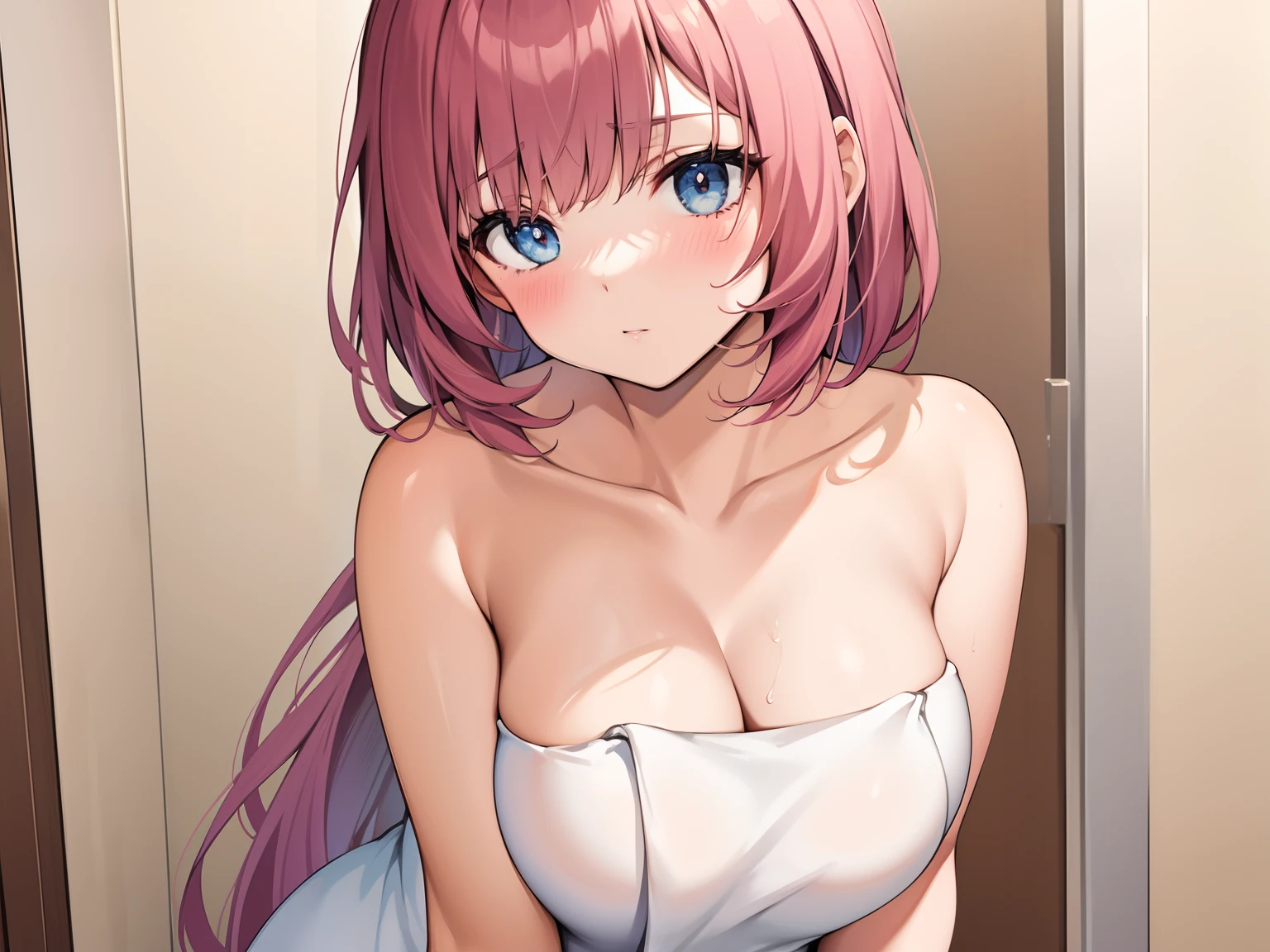 Bare towel, blush, Upper body, (No hat), 1girl, Big breasts, No clothes