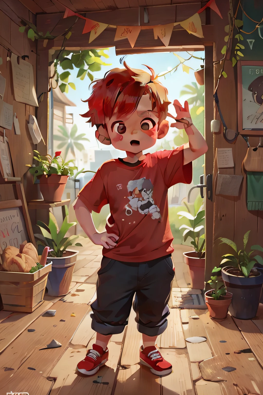 Cute  boy, 8 years t red hair, with mischievous look, palms up, explaining something