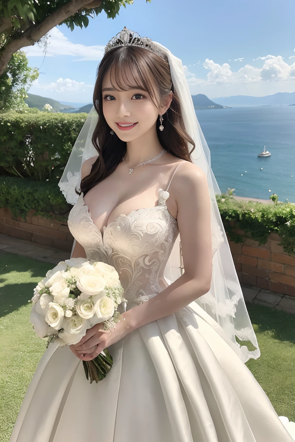 (Best Quality, masutepiece:1.2), (Realistic:1.3), (hyper detailed background, Detailed background), Bokeh, ((medium breasts)), [Beautiful valley],(Princess Line Wedding Dresses:1.3),(halterneck:1.2), Bridal tiara, Show, Bridal Veil, bridal gauntlets, Bridal Cascade Bouquet, Upper body, Beautiful wedding venue near the sea, The skirt spreads round and wide, 1girl in, age, Cute,Smiling, Dynamic Angle