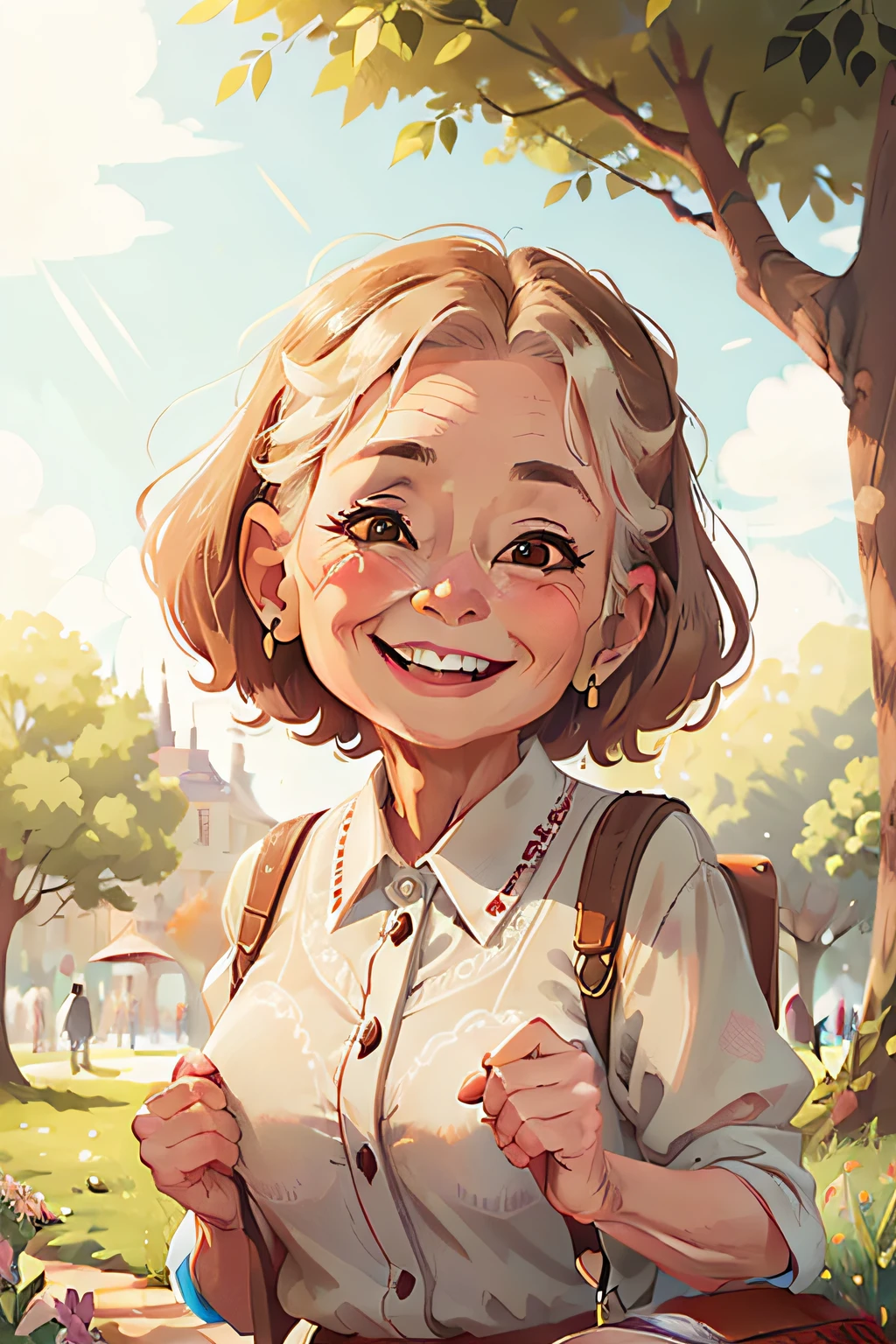 60 years old lady with kind face, grateful look, smiling in the park