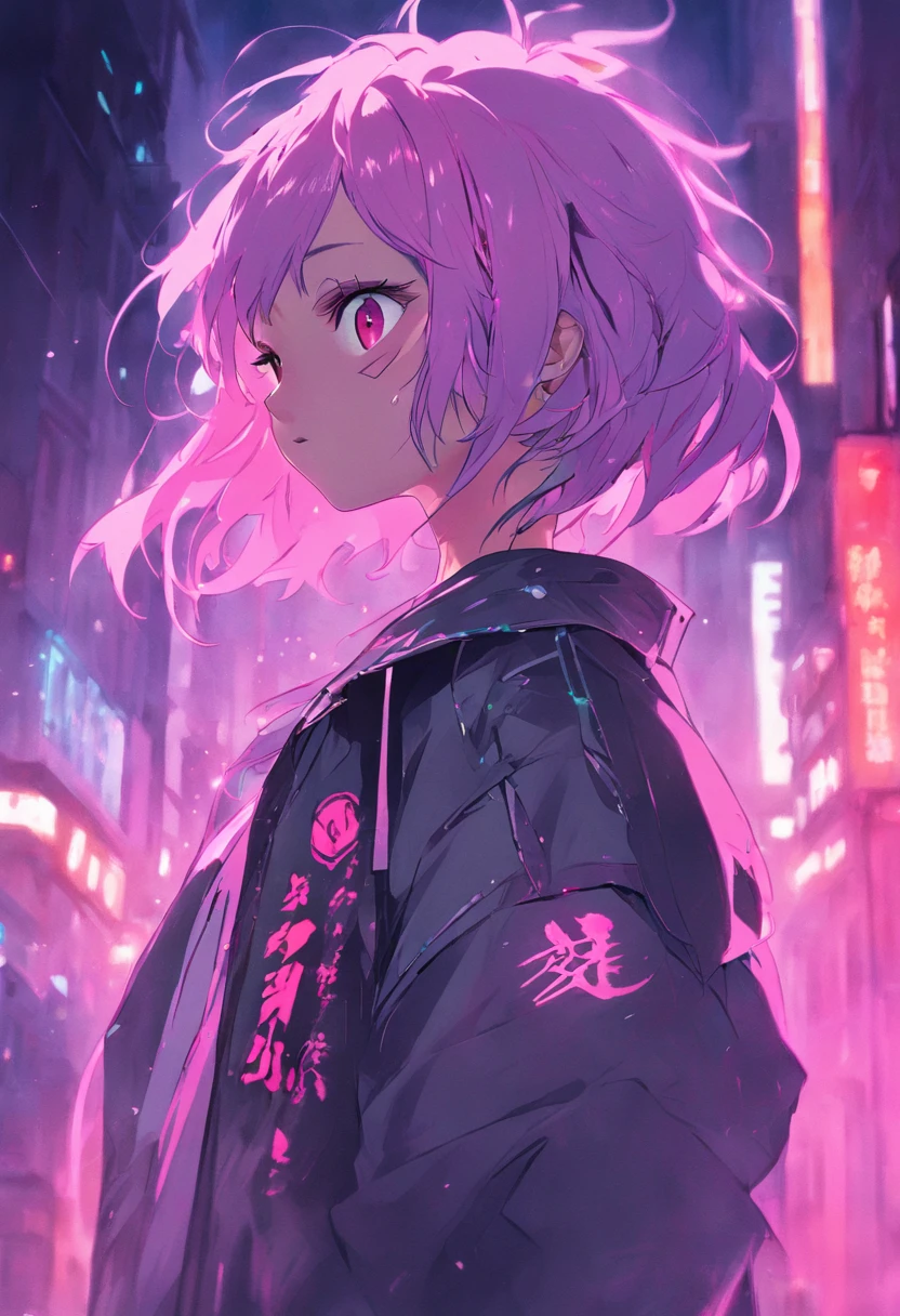 (masterpiece, best quality, night, silver hair:1.4), (cowboy shot:1.8), 8k, absurdres, beautiful girl, (wearable computer:1.6), cyberpunk, cyber goth, (cyberpunkoutfit, fluorescence pink accent, glowing pink lines on short jacket:1.4), neon, bracelets and choker, (glowing, glow, film grain, chromatic aberration:2), (asian shopping district, street, buildings, skyscraper:1.2), makeup, very small mechanical device, (cyan earrings:1.3), sharp focus, dark background, perspective, depth of field, (rain, fog, bleach bypass, HDR, facelight, sharp focus, dynamic lighting, cinematic lighting, professional shadow, extreme detailed, finely detail, real skin:0.8), (detailed eyes, sharp pupils, realistic pupils, dark back ground:0.6), (glitch effect:0.6)