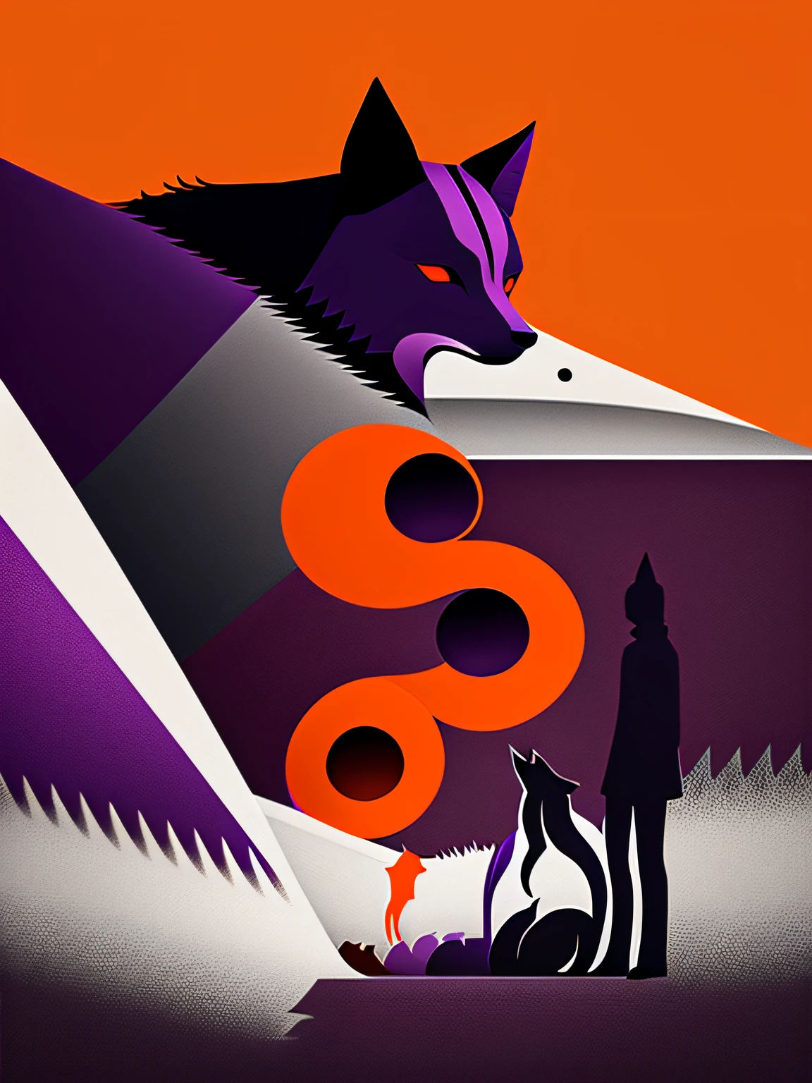 Theme: Pack of Lone Wolves, Main Colors: Warm Orange, Deep Purple, Balanced Grey, Style: Dynamic yet Harmonious Design, Shapes: Includes icons and shapes symbolizing the diversity within the pack, Textures: Utilizes unique patterns and textures, Lines: Depicts both individual movement and collective harmony.
