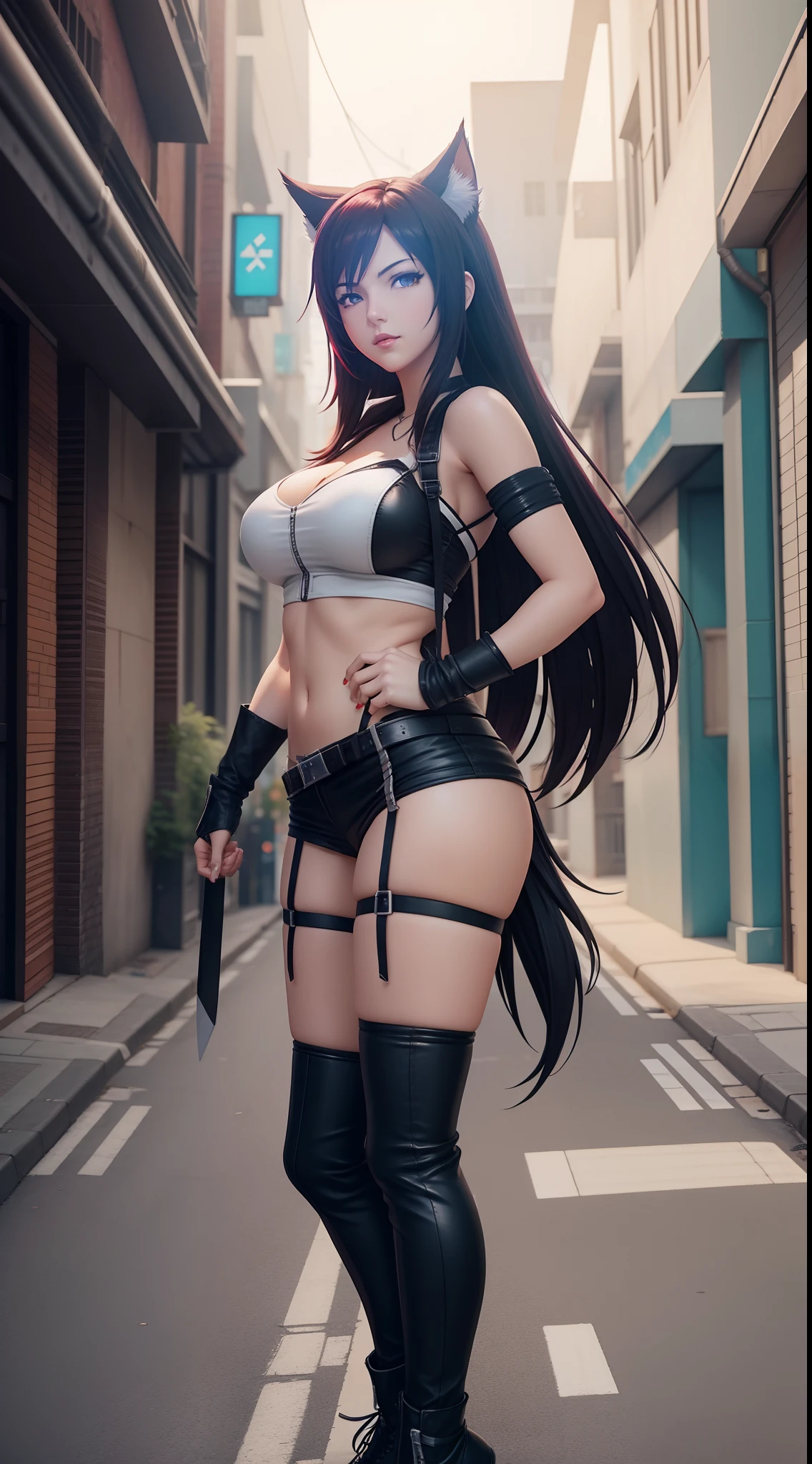 Ahri as Tifa Lockhart Final Fantasy 7 Remake in a Cyberpunk Street