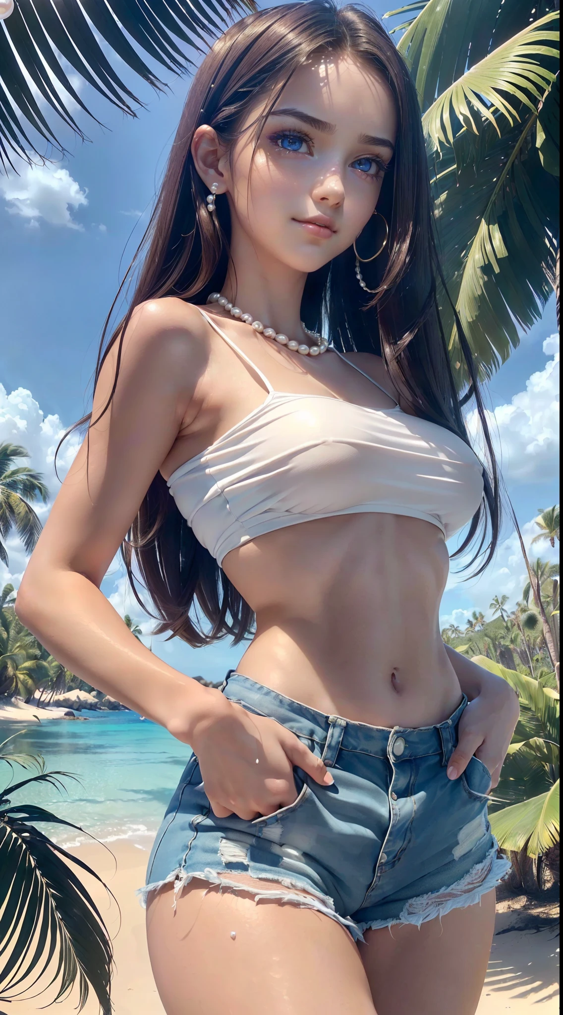 (ultra high definition), (ultra high definition), (full sharpness), (maximum quality), (Cinematic), (8k), ((Girl)), ((14 years old)), (brunette), (purple eyes), ((extremely beautiful)), (alone), ((full body)), (ultra detailed face), (ultra detailed eyes), (ultra realist eyes), ((ultra detailed irises)), (perfect body), (delicate hands), (very detailed hands), (natural lighting), ((back view)), (big smile), (soft skin), (natural skin), (unique), (totally realistic), (so sweet), ((always the same face)), ((repeat always the same face)), ((always the same body)), ((always the same proportions)), ((looking at the camera)), ((wearing shorts and blouse)), (a desert island paradise), ((pearl skin)), ((ultra wide hips)), ((ultra small breasts)), ((thin waist)), ((extremely thick thighs))